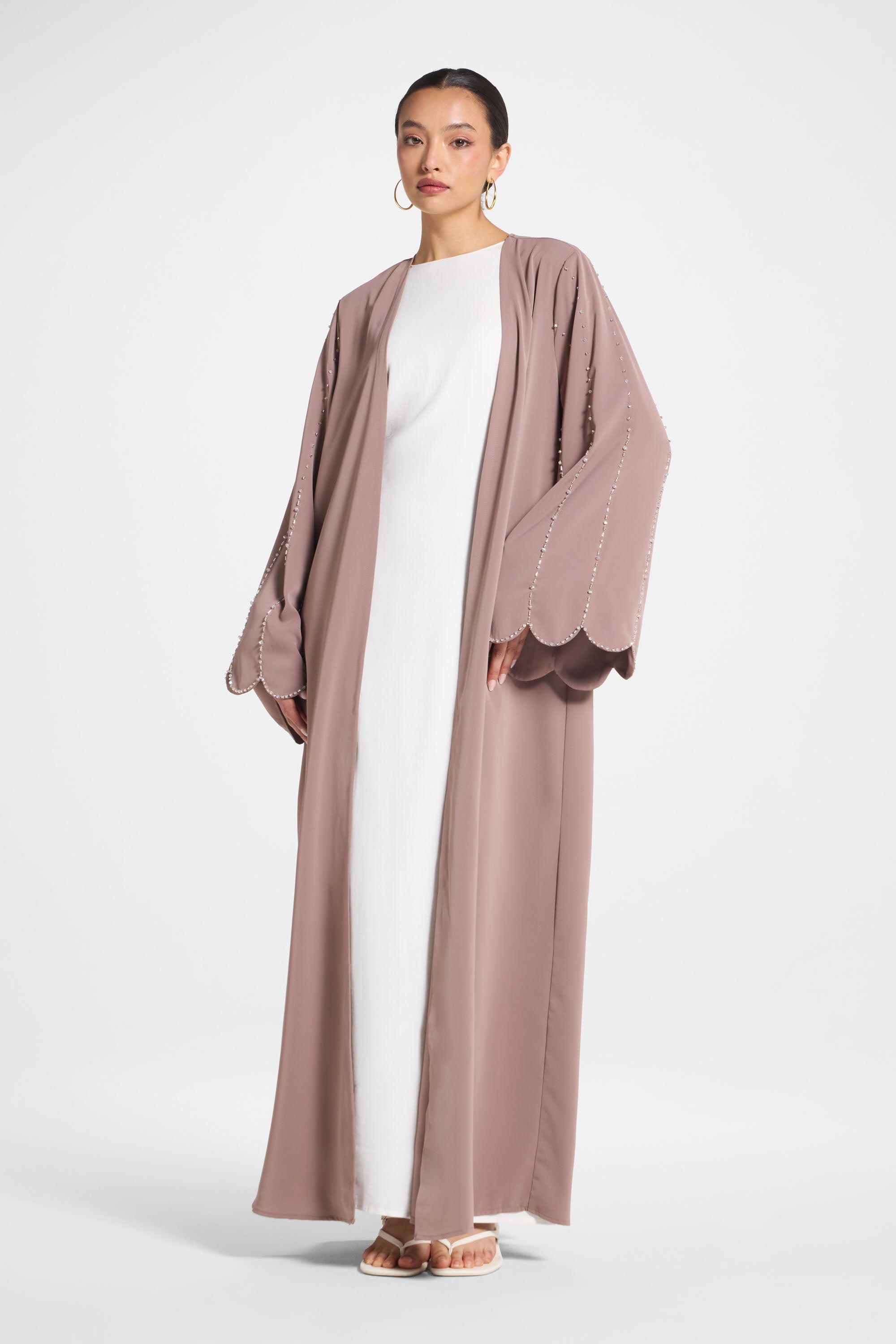 Nada Embellished Open Abaya - Taupe Abayas Veiled