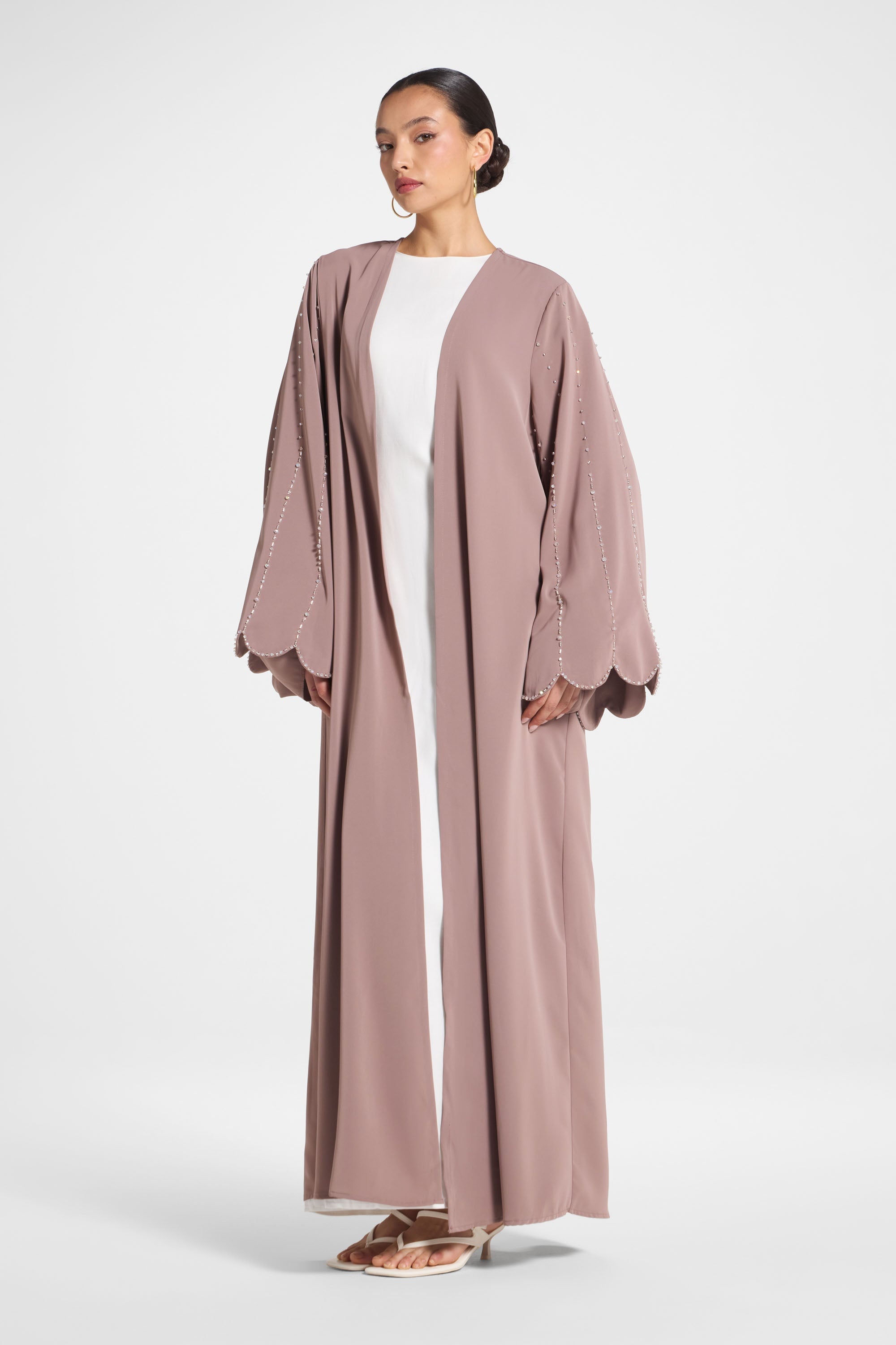Nada Embellished Open Abaya - Taupe Abayas Veiled