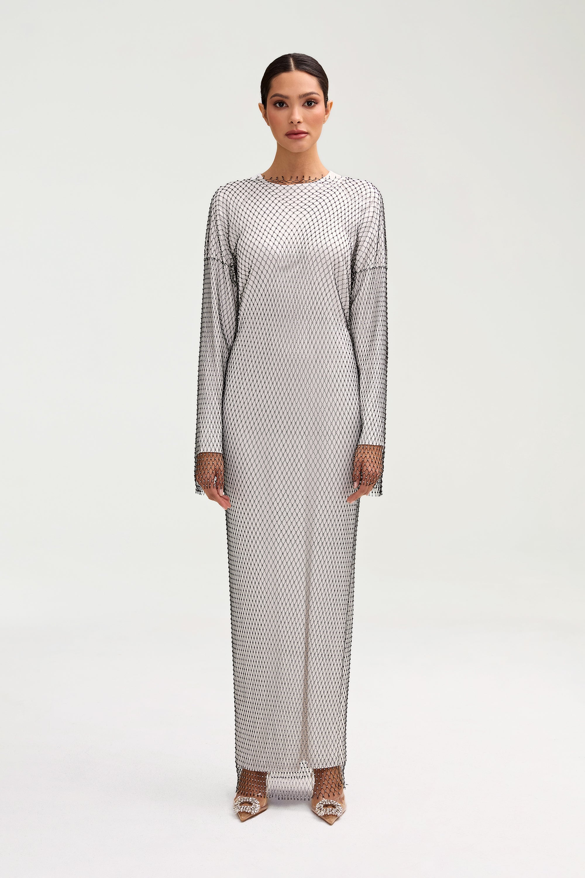 Naila Satin Crystal Mesh Maxi Dress - White Clothing Veiled