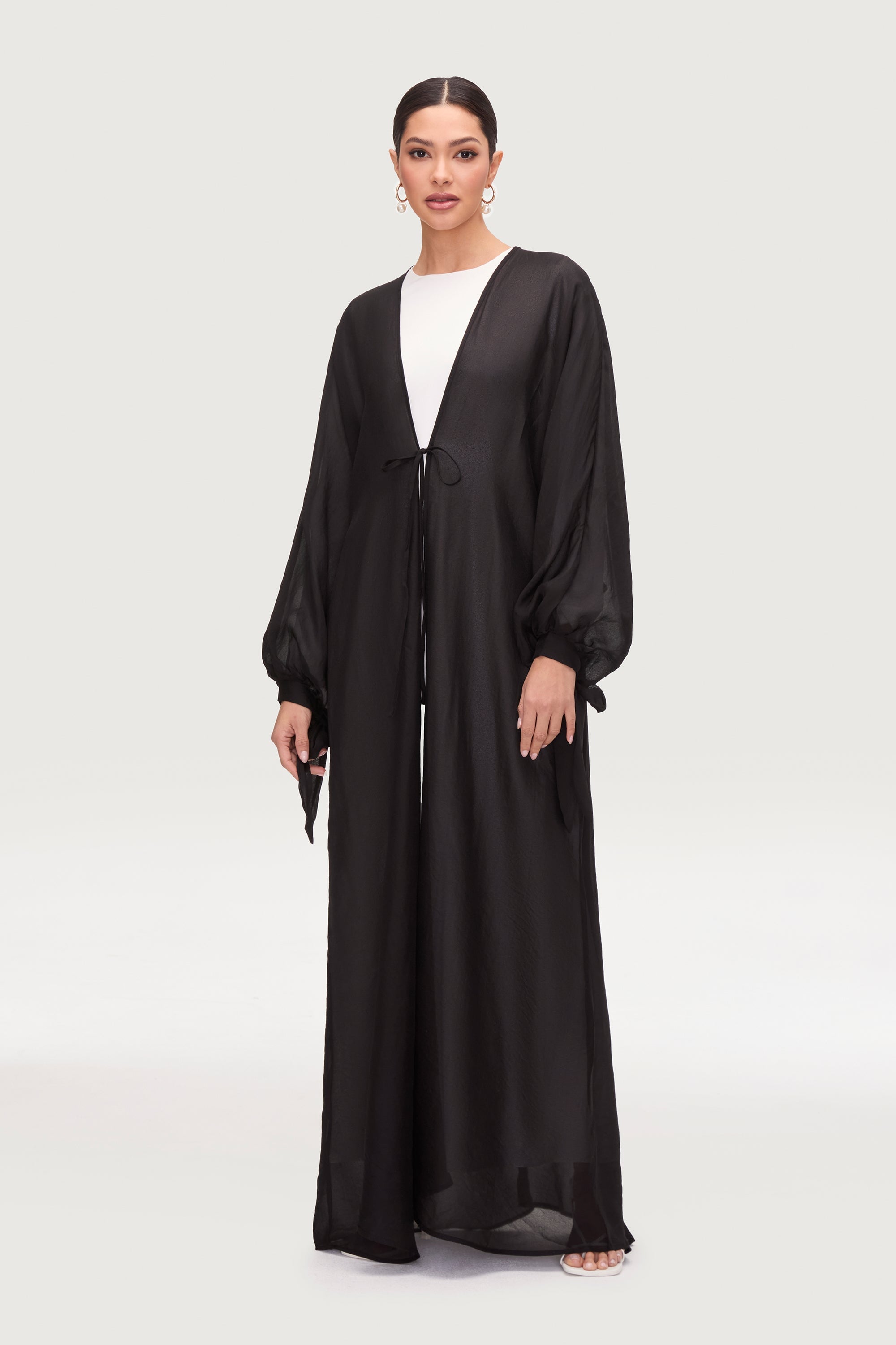 Naima Tie Front Open Abaya - Black Abayas Veiled