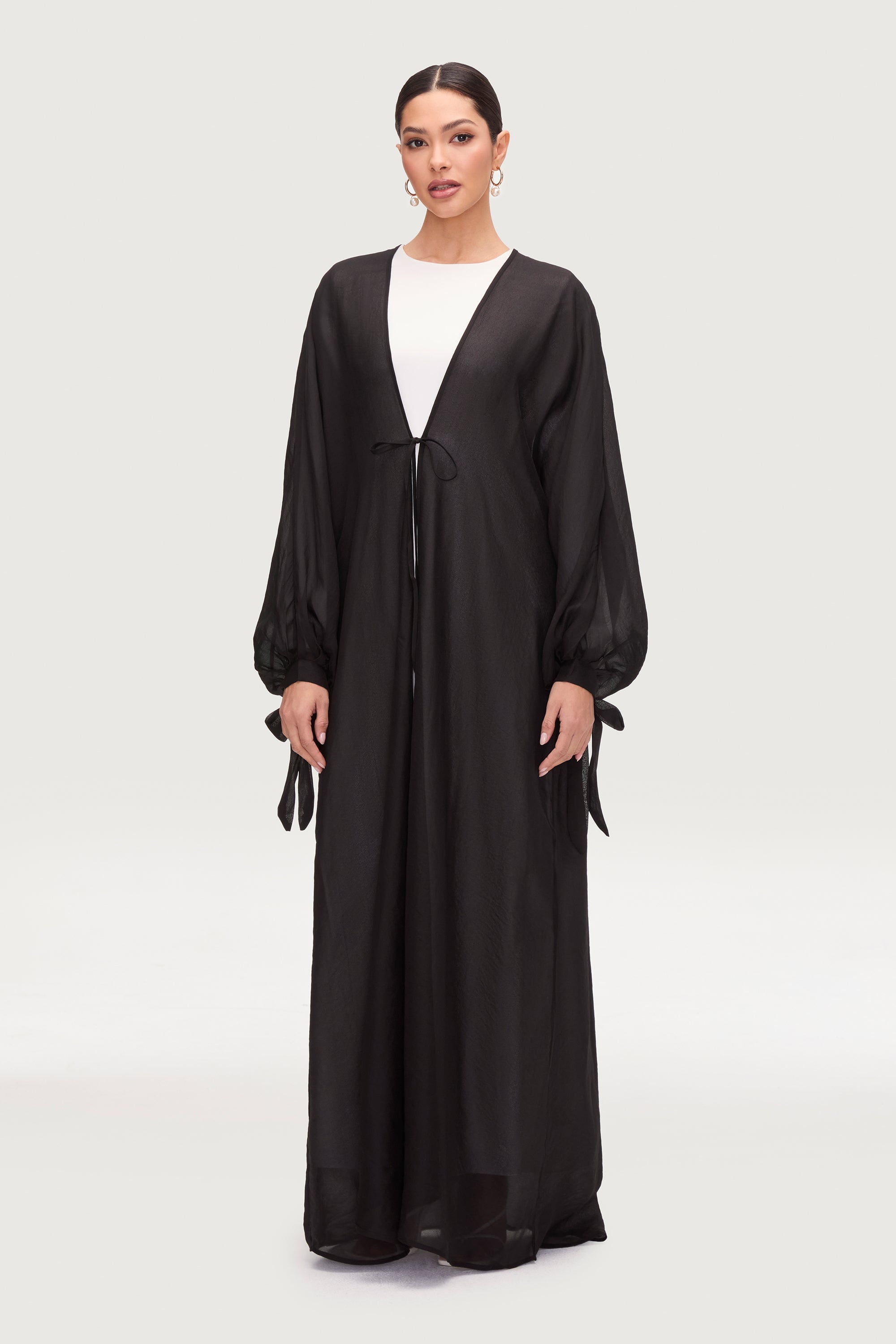 Naima Tie Front Open Abaya - Black Abayas Veiled