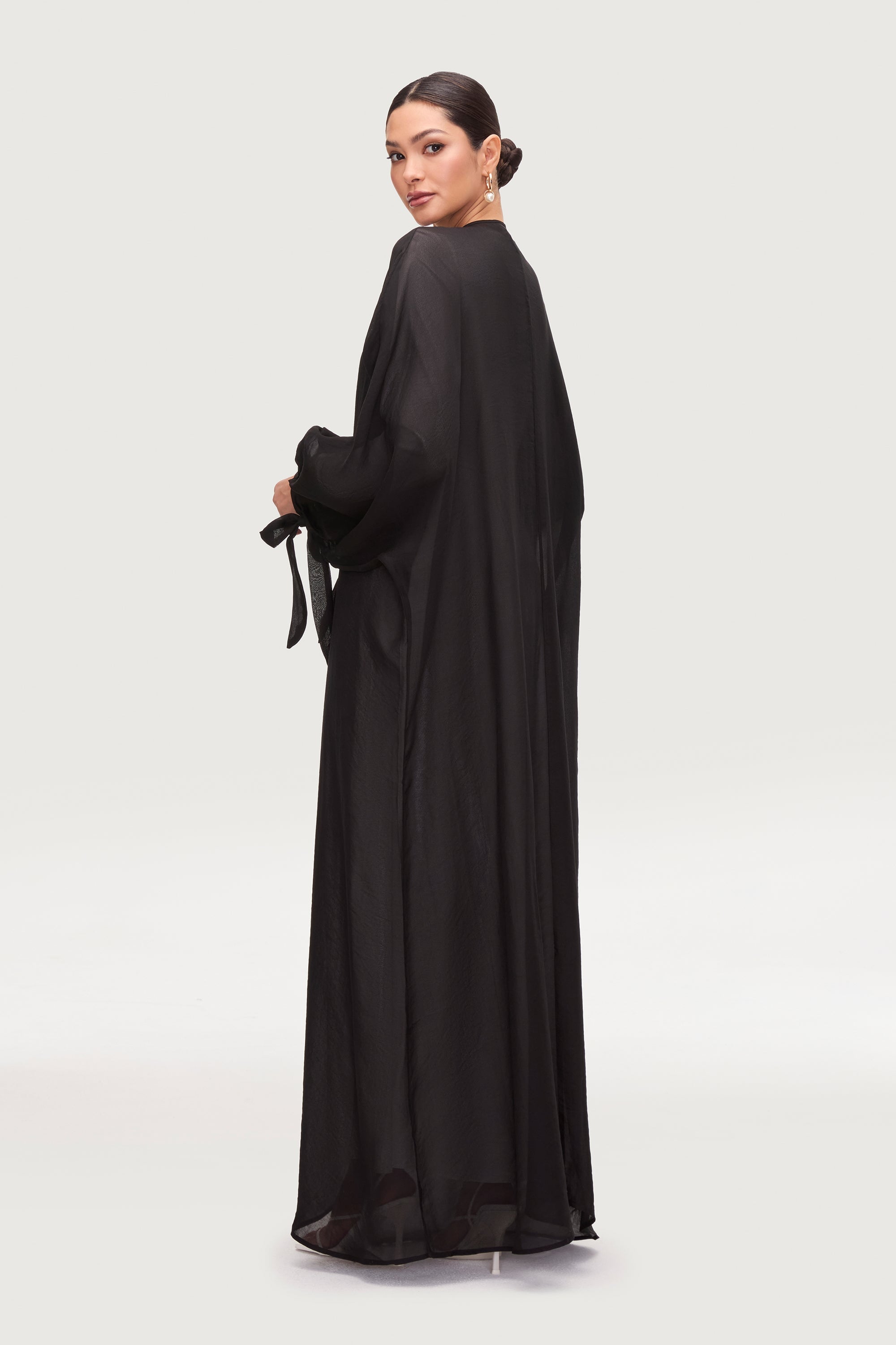 Naima Tie Front Open Abaya - Black Abayas Veiled