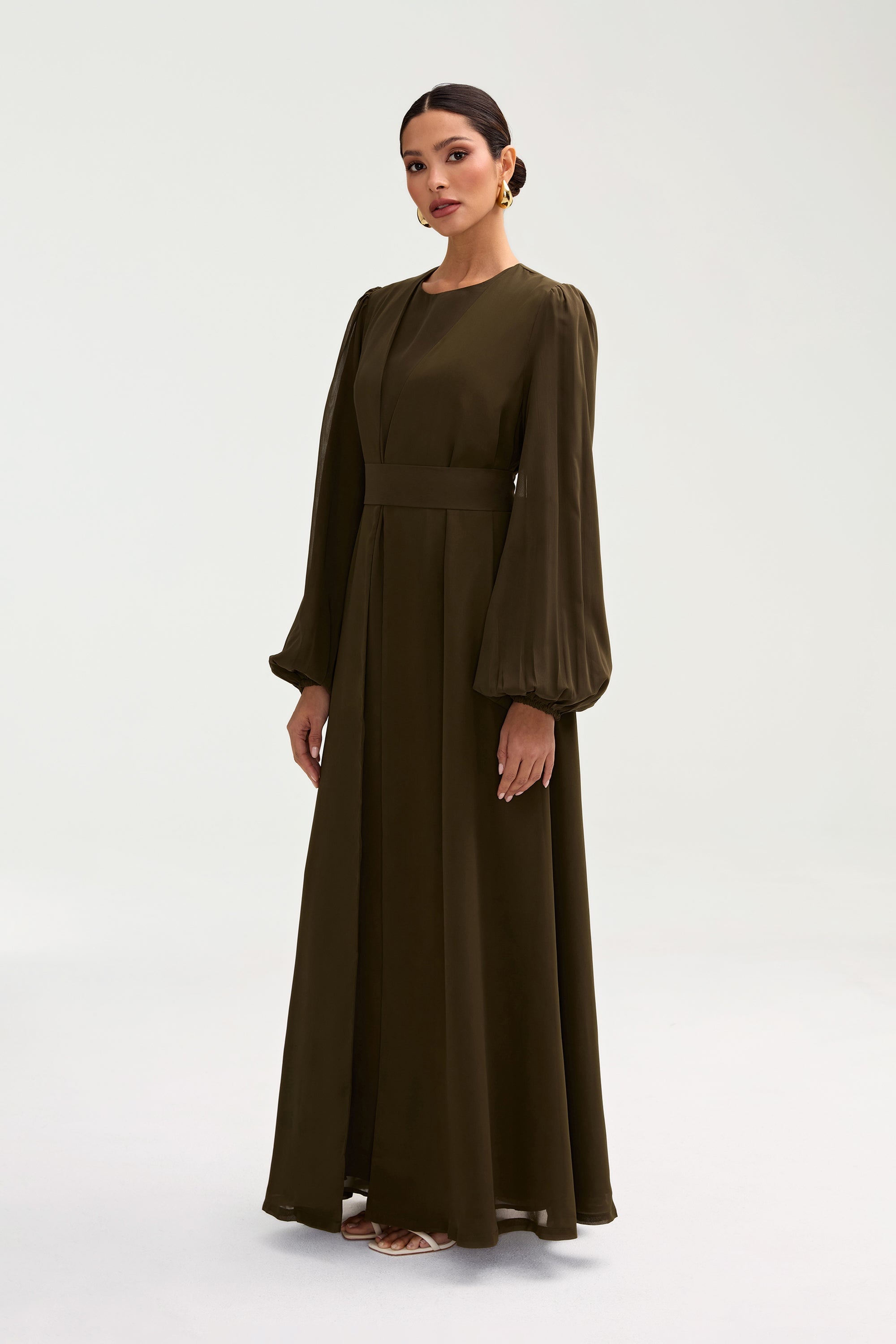 Najma Chiffon Abaya & Dress Set - Olive Clothing Veiled