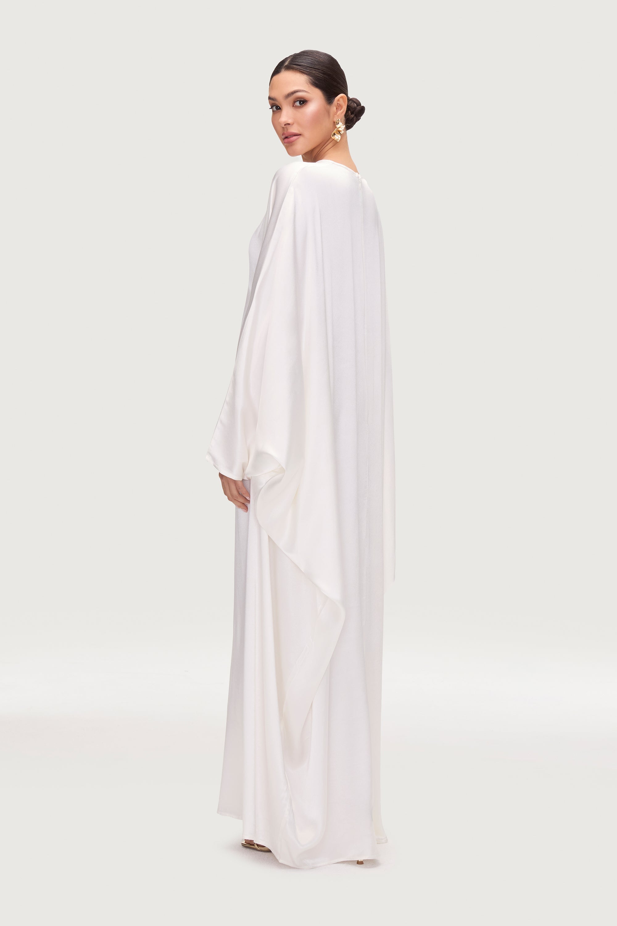 Nayla Silk Butterfly Inner Tie Abaya Dress - White Abayas Veiled
