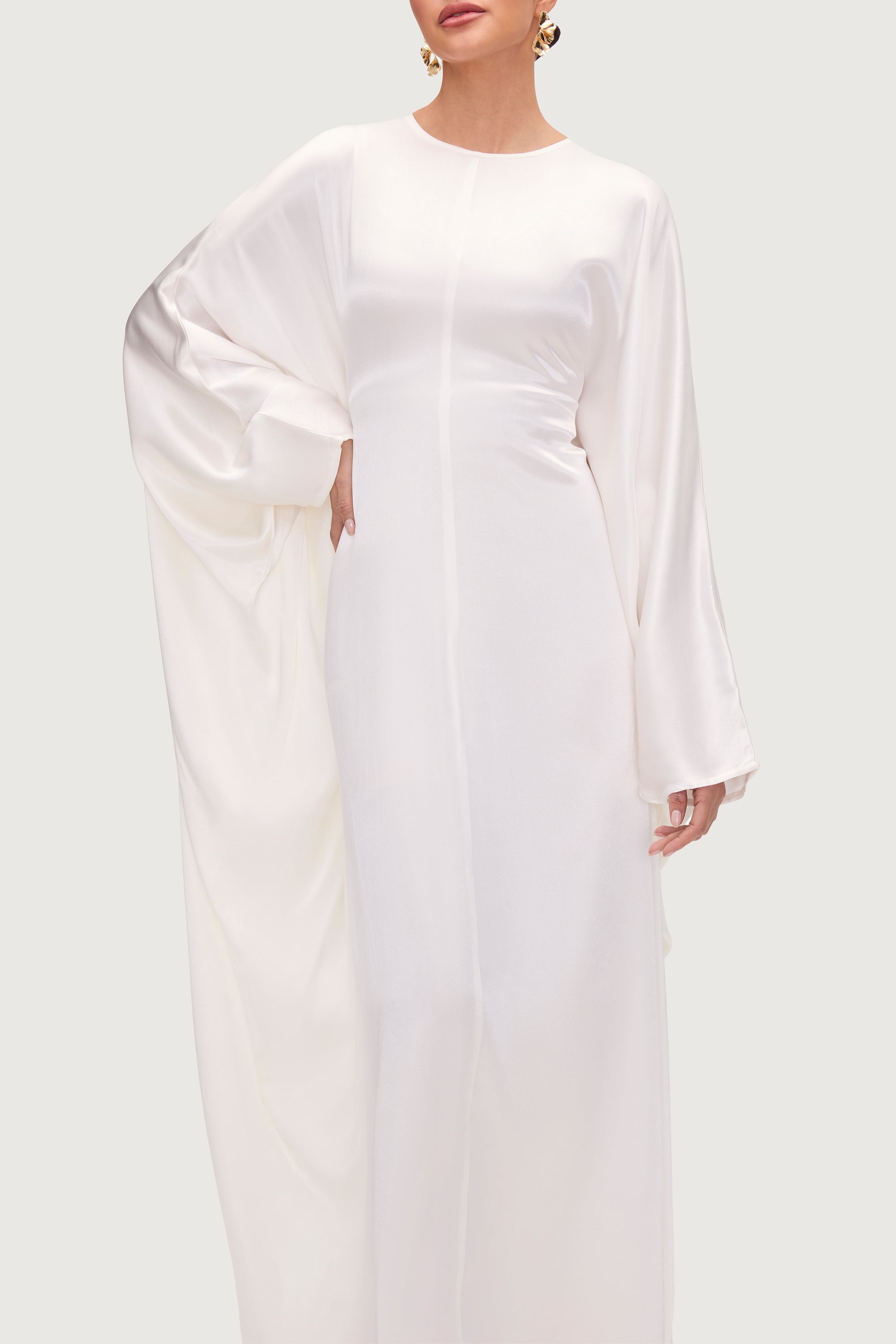 Nayla Silk Butterfly Inner Tie Abaya Dress - White Abayas Veiled