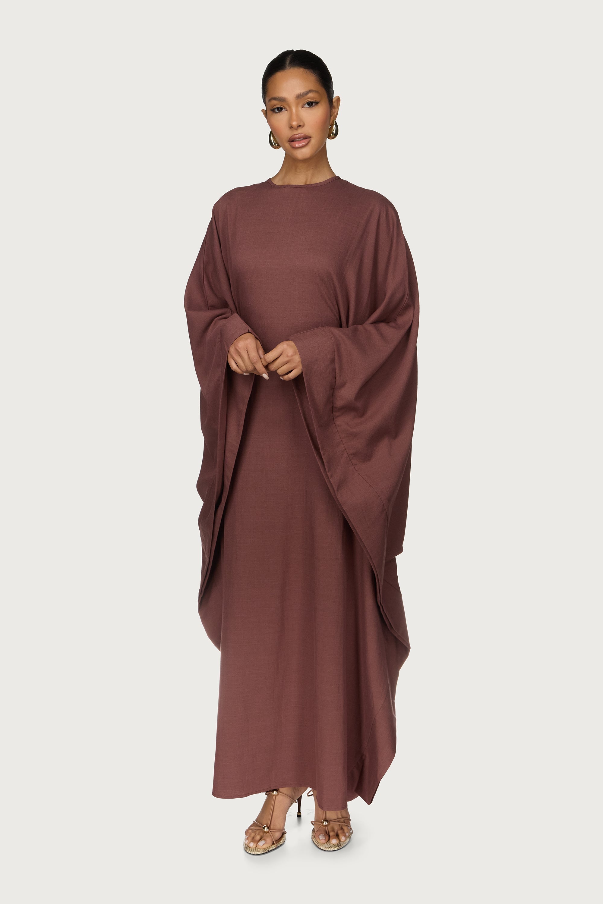 Noor Linen Butterfly Inner Tie Abaya Dress - Chocolate Truffle Abayas Veiled