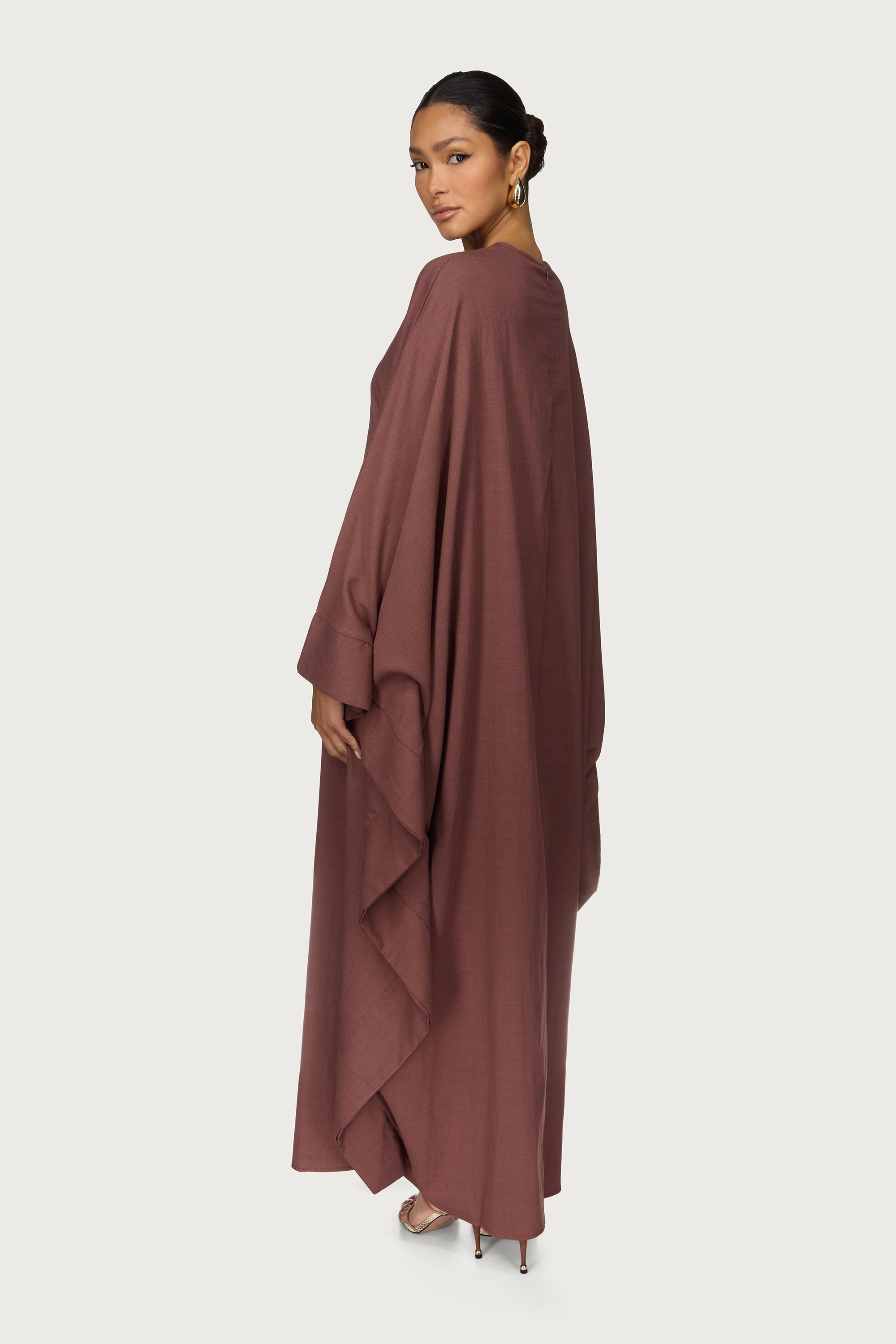 Noor Linen Butterfly Inner Tie Abaya Dress - Chocolate Truffle Abayas Veiled