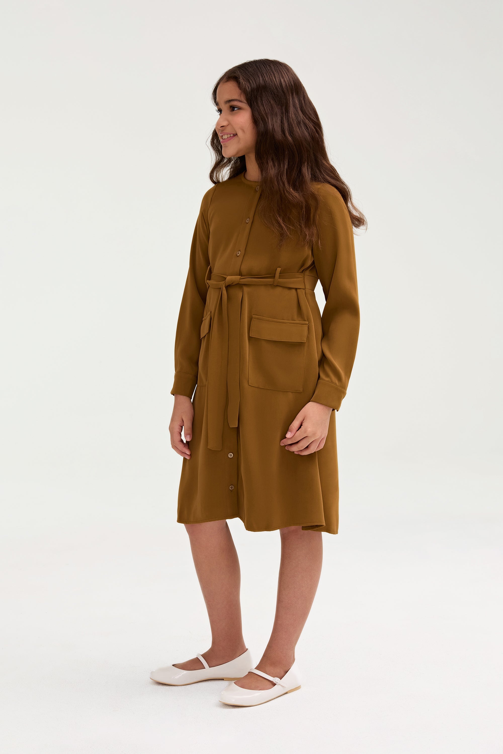 Olivia Button Down Utility Dress - Khaki Green (Girls) Clothing Veiled