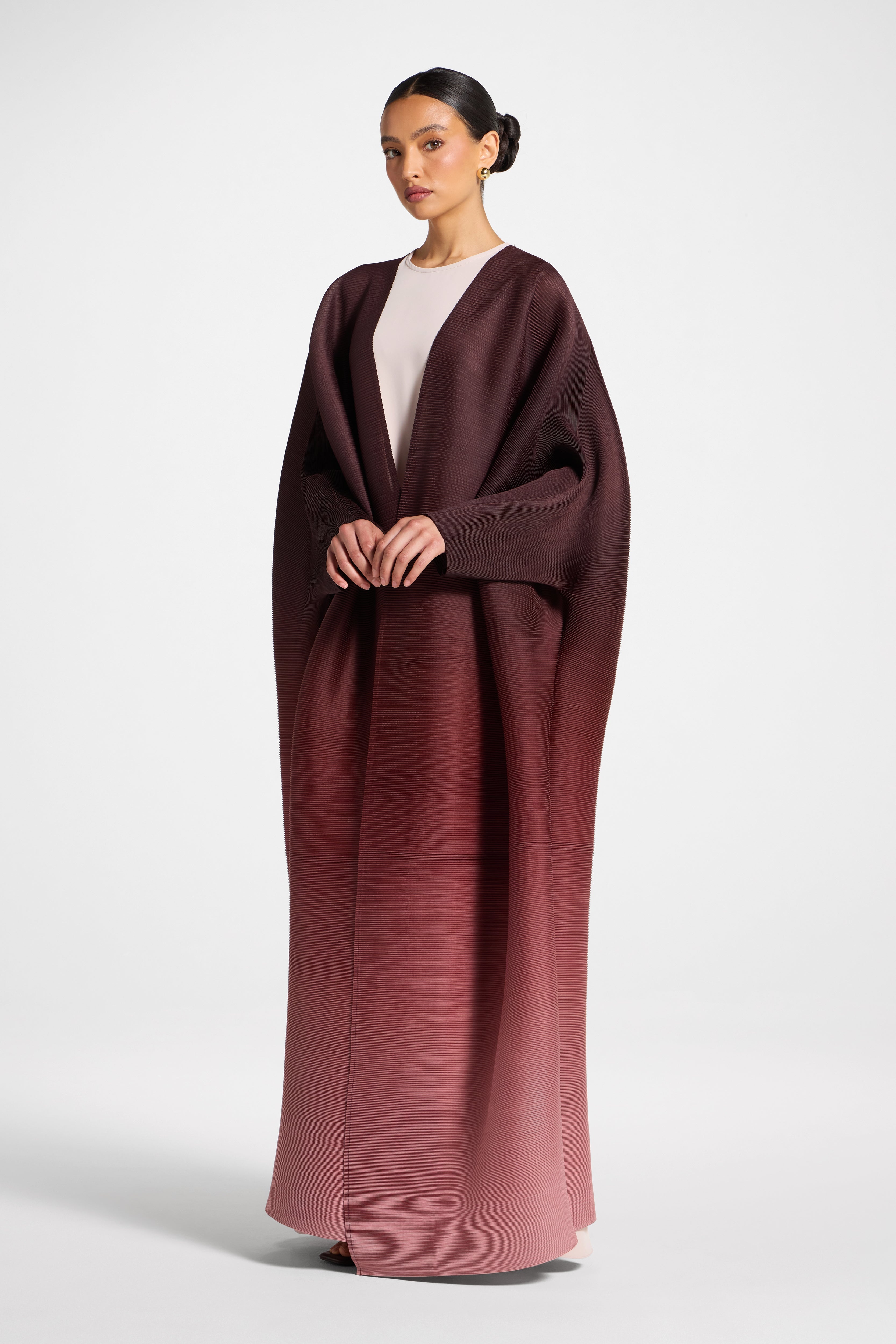 Ombre Pleated Open Abaya - Mocha Rose Abayas Veiled