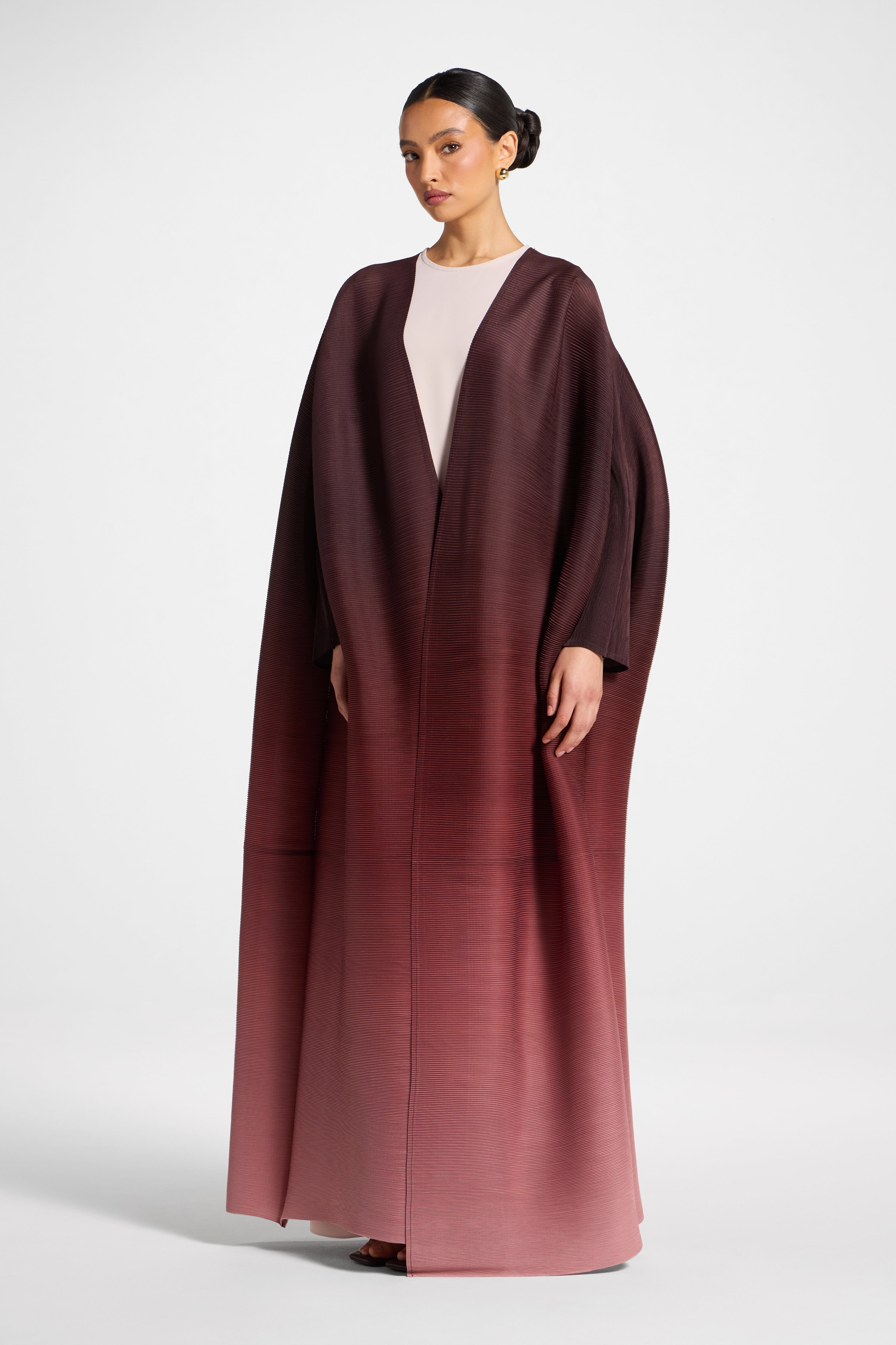 Ombre Pleated Open Abaya - Mocha Rose Abayas Veiled