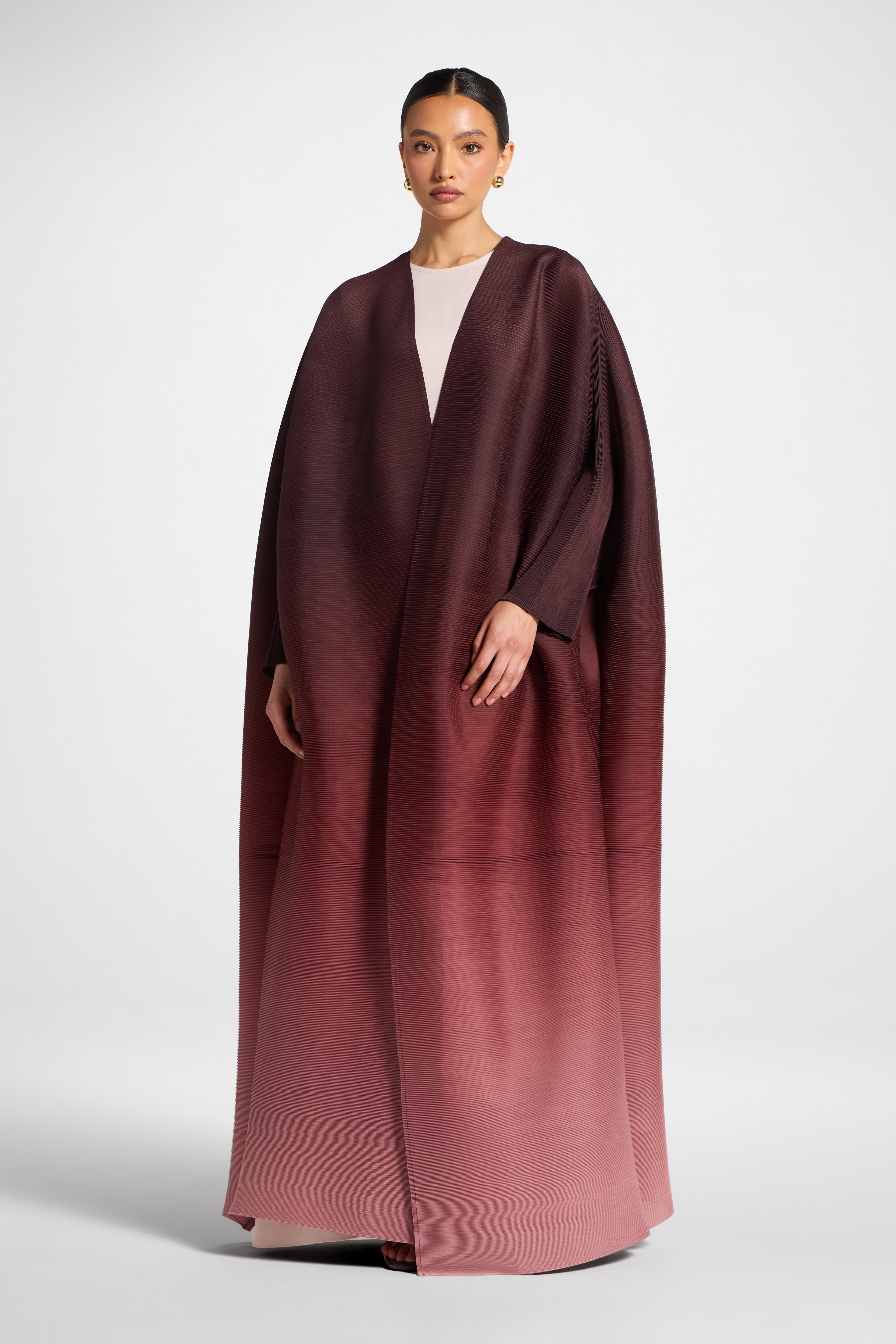 Ombre Pleated Open Abaya - Mocha Rose Abayas Veiled
