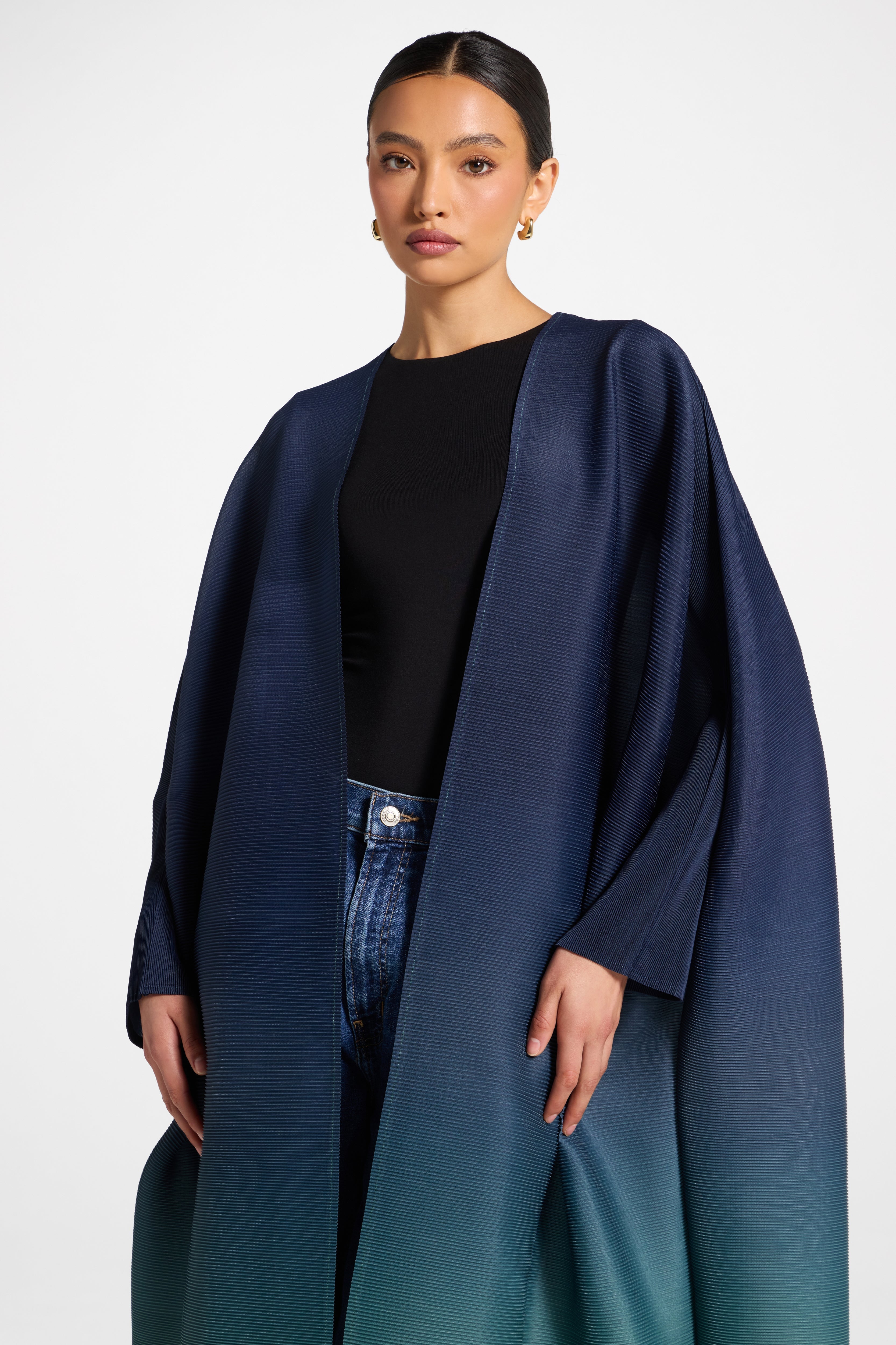 Ombre Pleated Open Abaya - Rainforest Mist Abayas Veiled