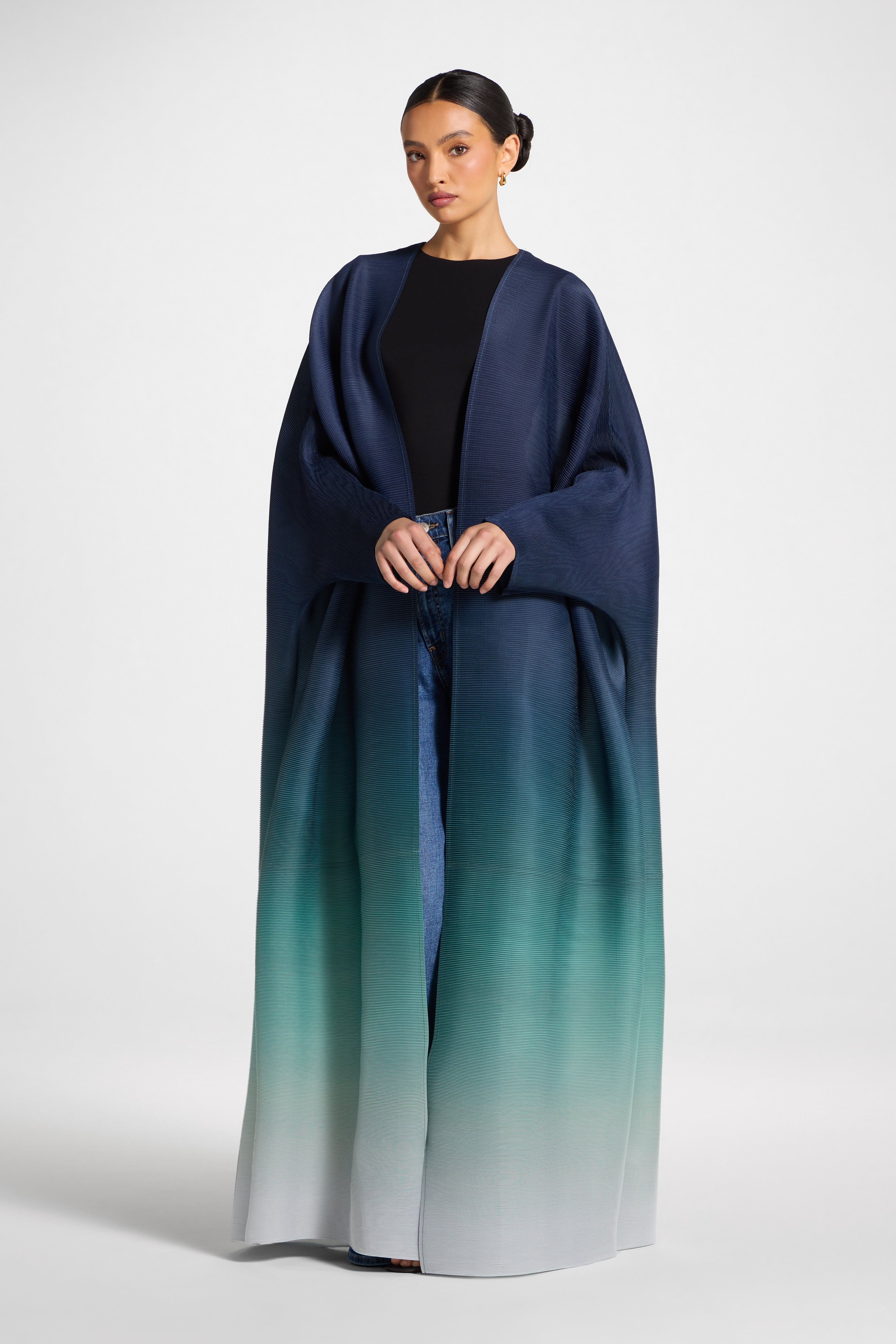 Ombre Pleated Open Abaya - Rainforest Mist Abayas Veiled