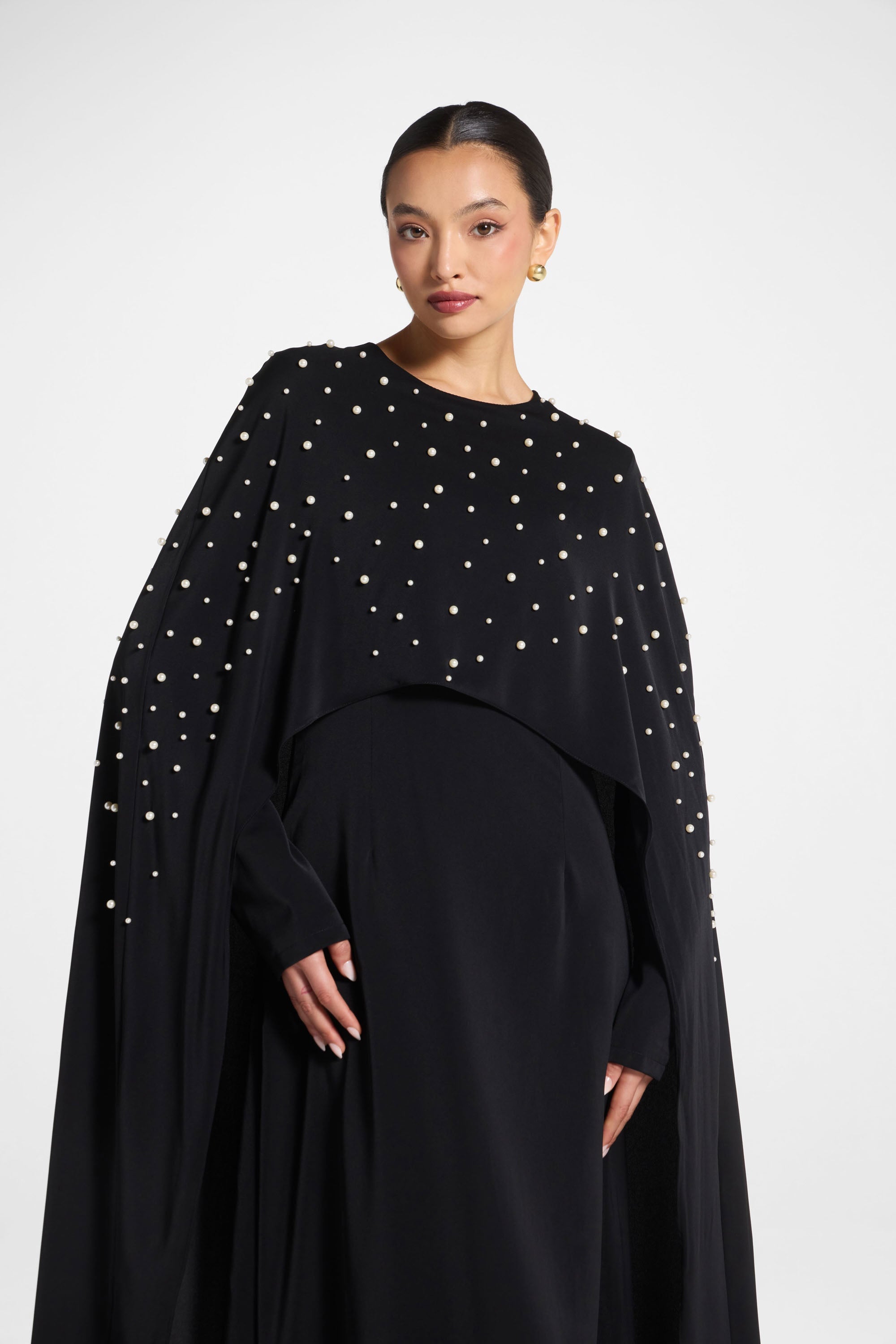 Pearl Cape Maxi Dress - Black Abayas Veiled