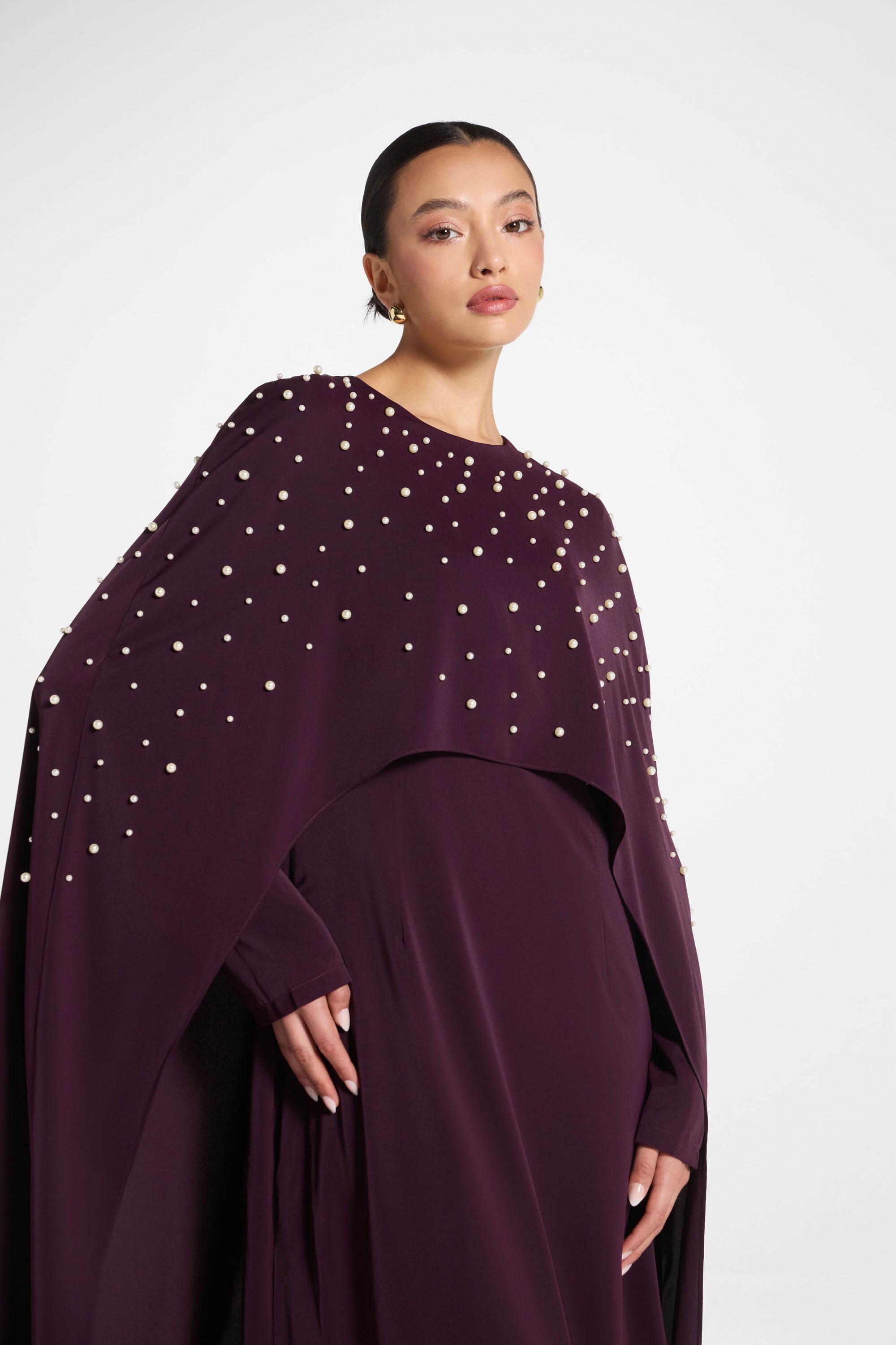 Pearl Cape Maxi Dress - Chocolate Plum Abayas Veiled