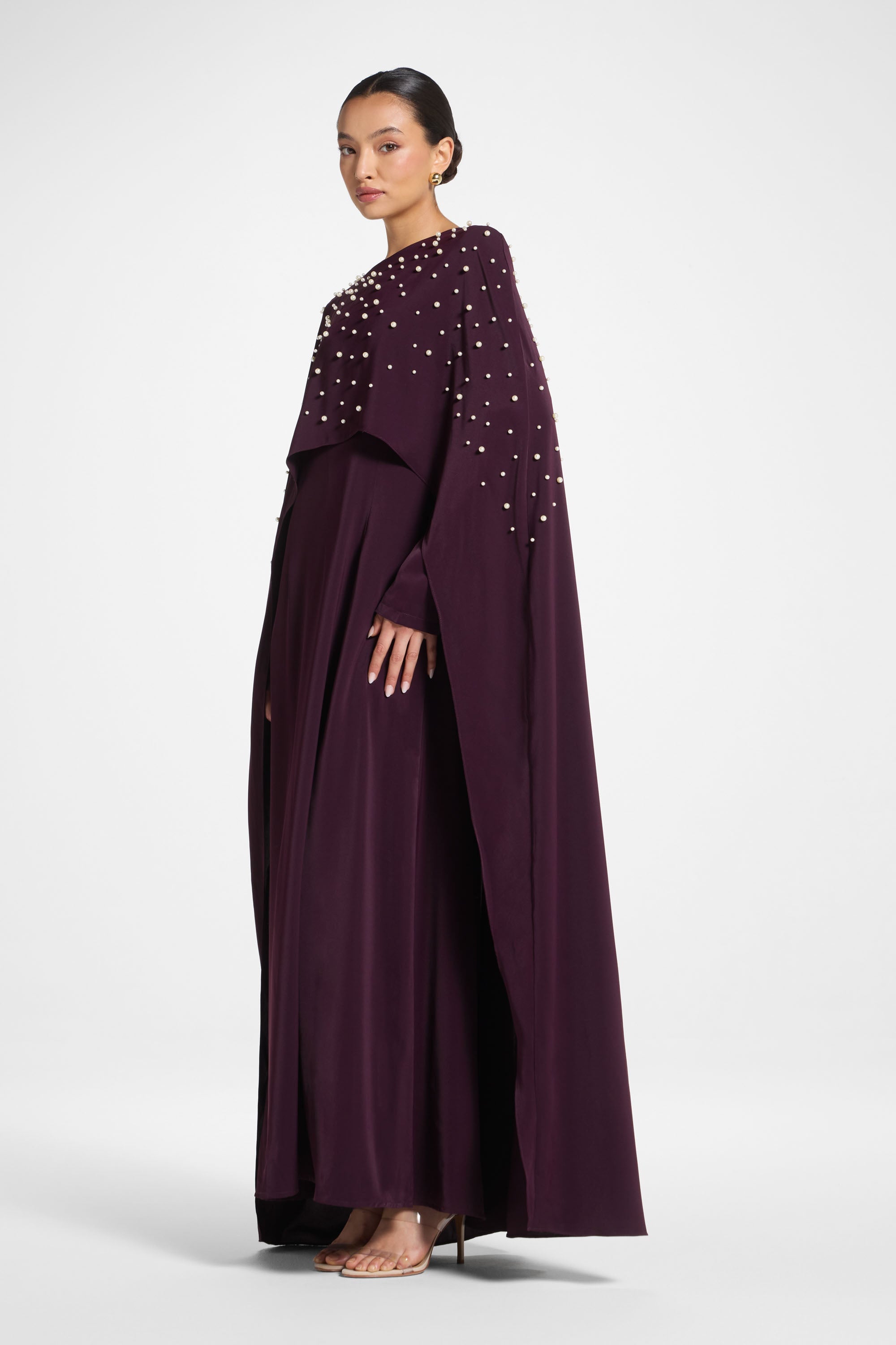 Pearl Cape Maxi Dress - Chocolate Plum Abayas Veiled