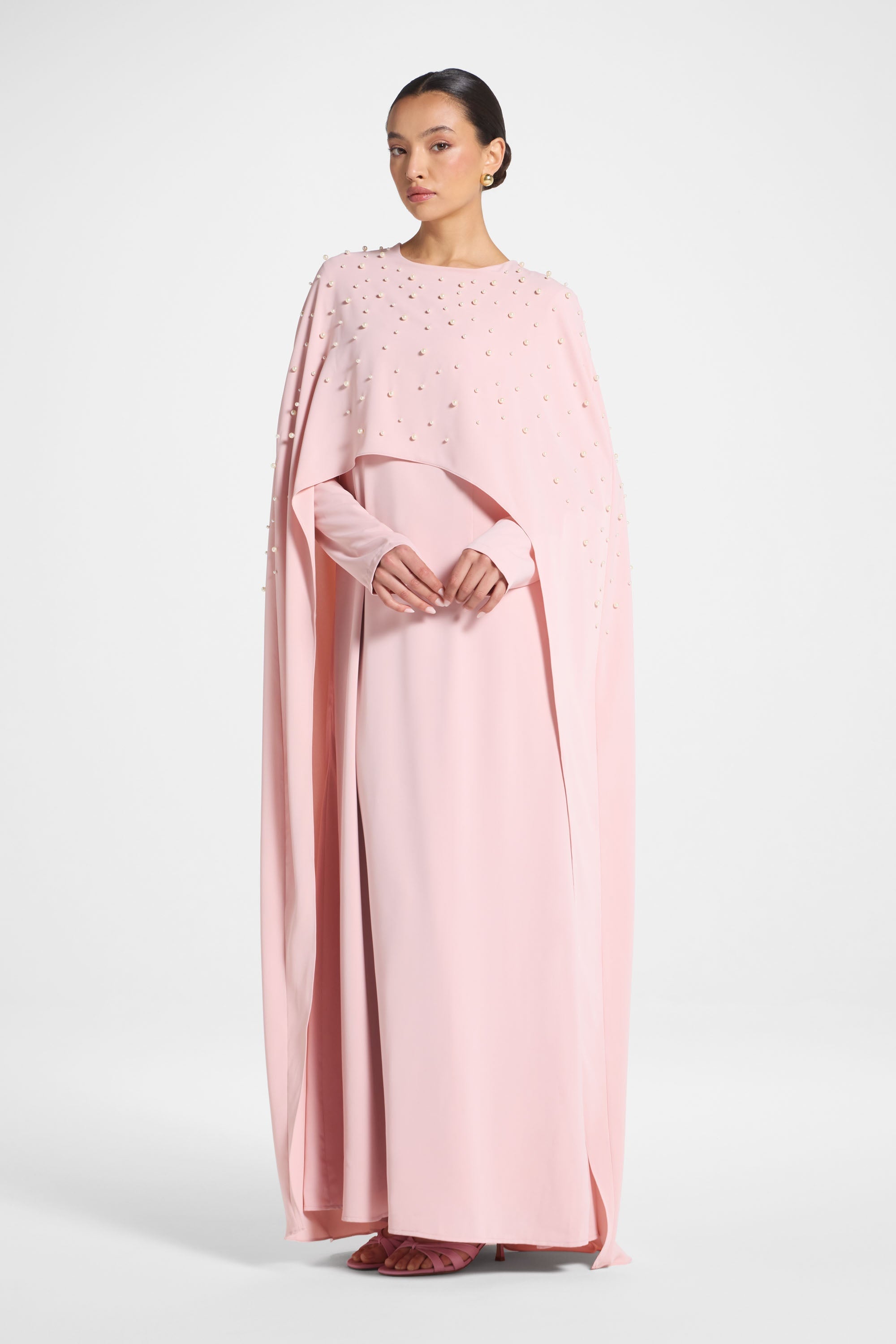 Pearl Cape Maxi Dress - Pink Abayas Veiled