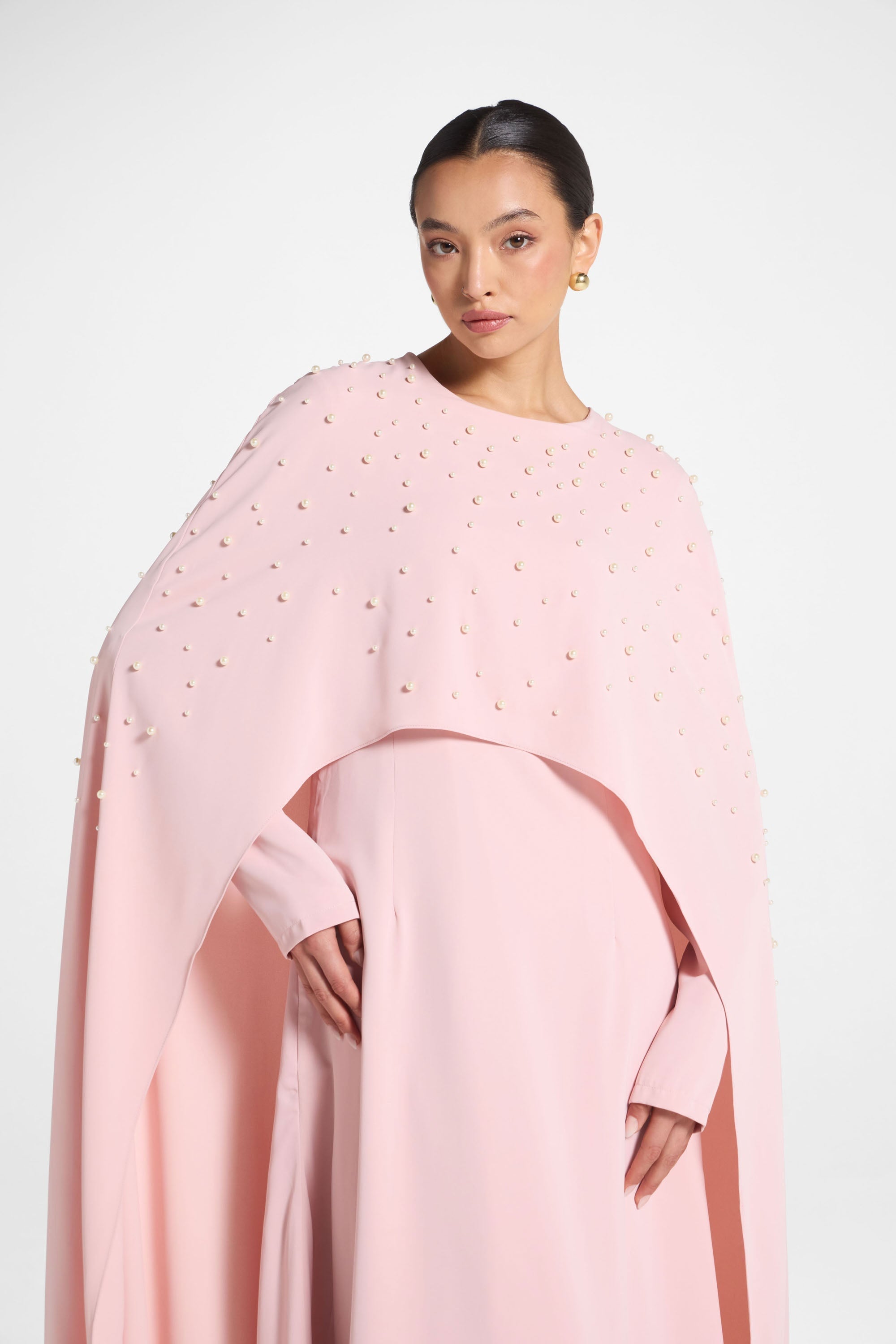 Pearl Cape Maxi Dress - Pink Abayas Veiled