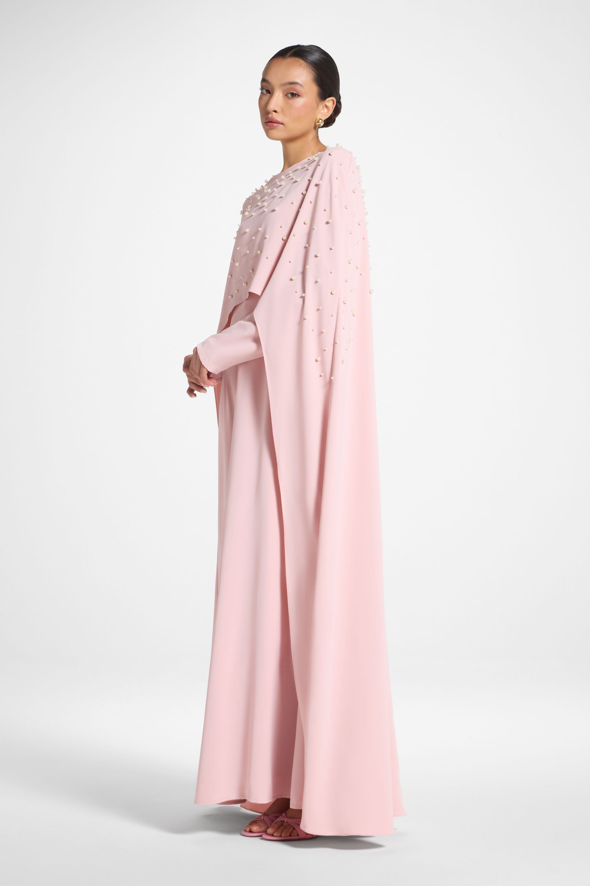 Pearl Cape Maxi Dress - Pink Abayas Veiled