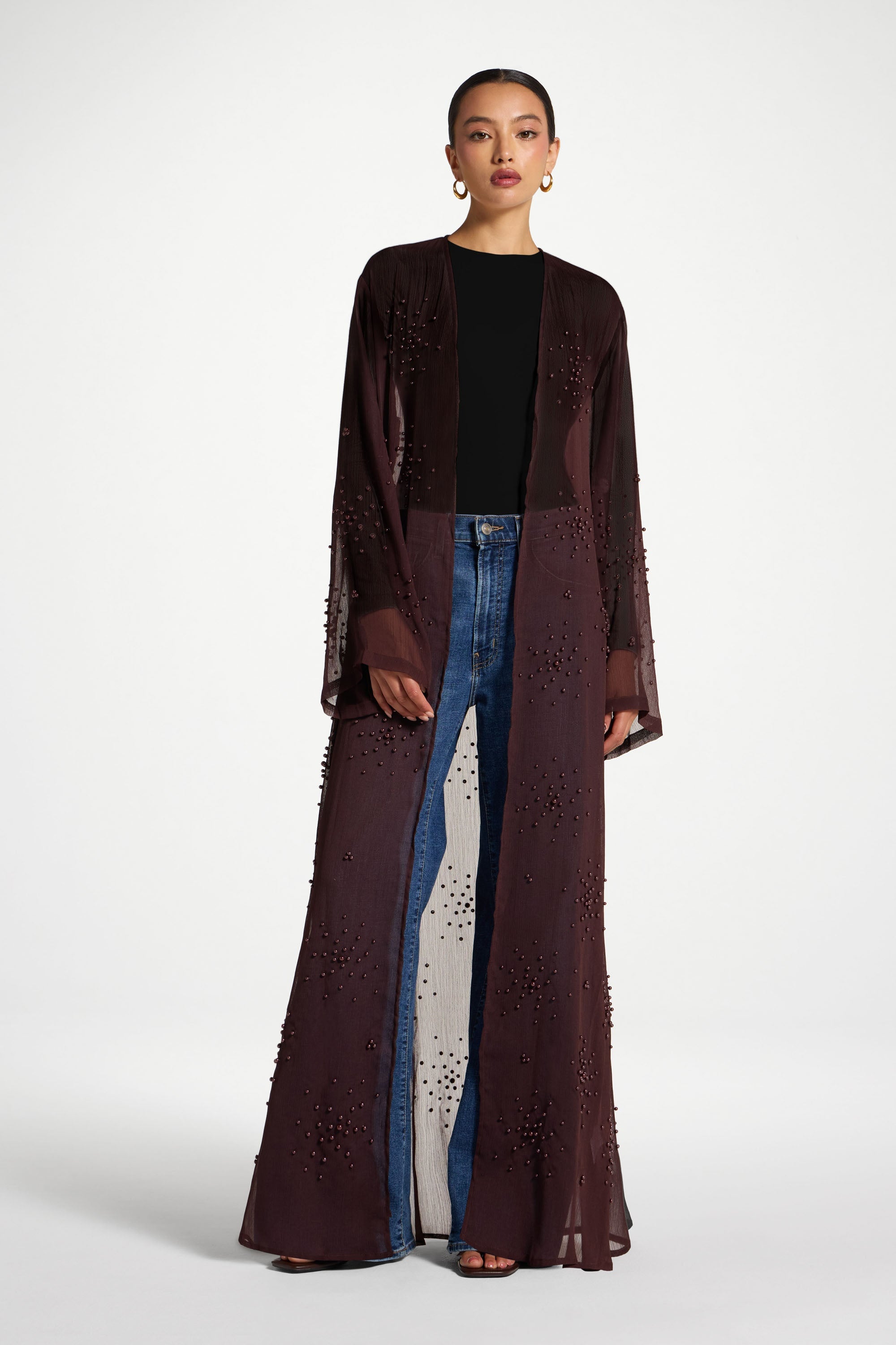 Pearl Embellished Open Abaya - Chocolate Plum Abayas Veiled