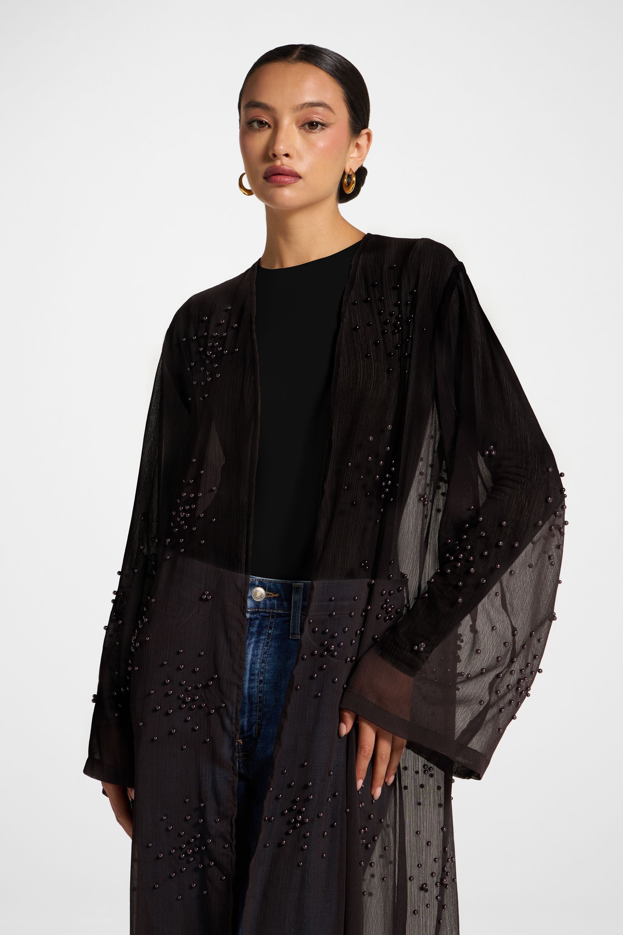 Pearl Embellished Open Abaya - Cove Abayas Veiled
