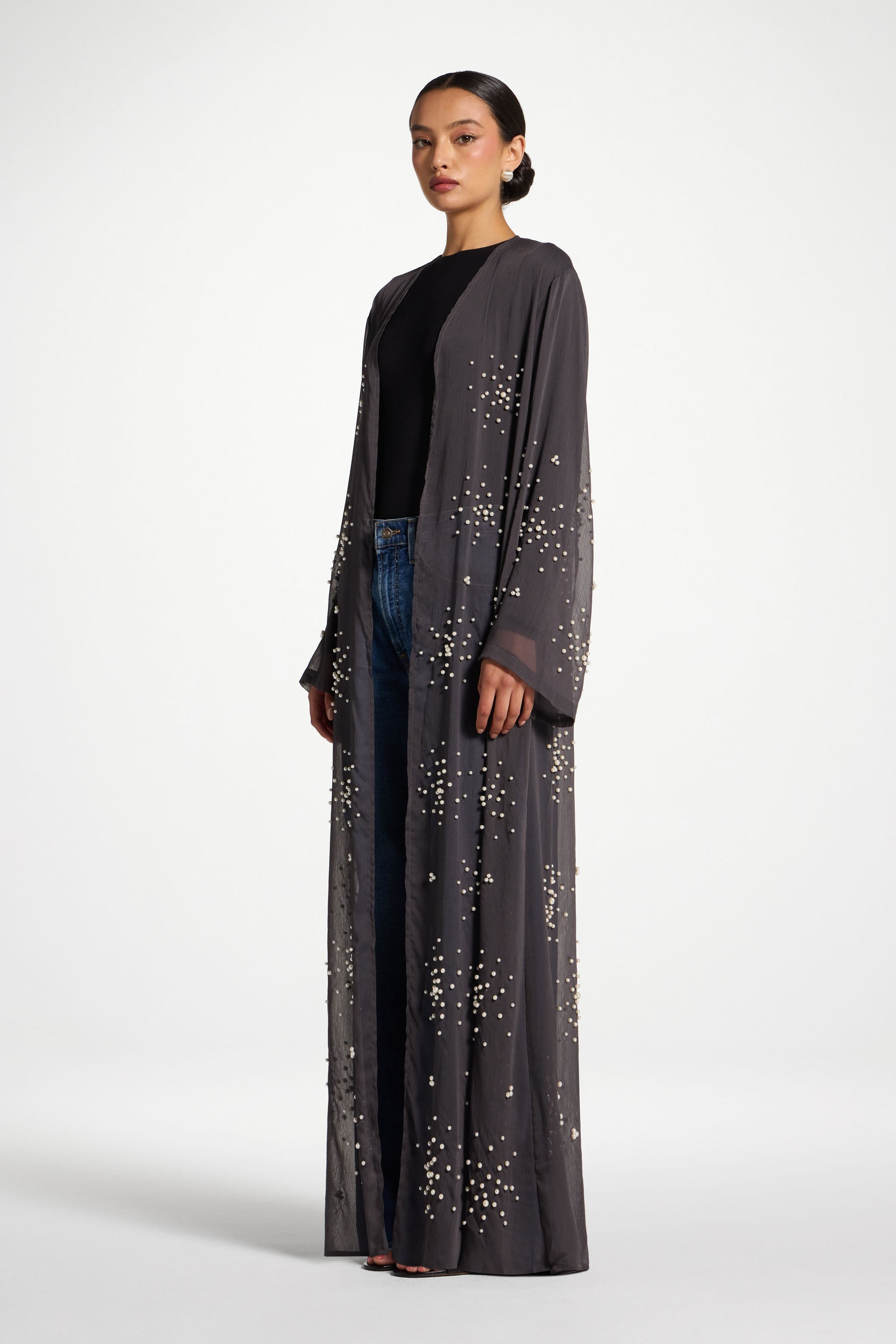 Pearl Embellished Open Abaya - Dark Grey Abayas Veiled