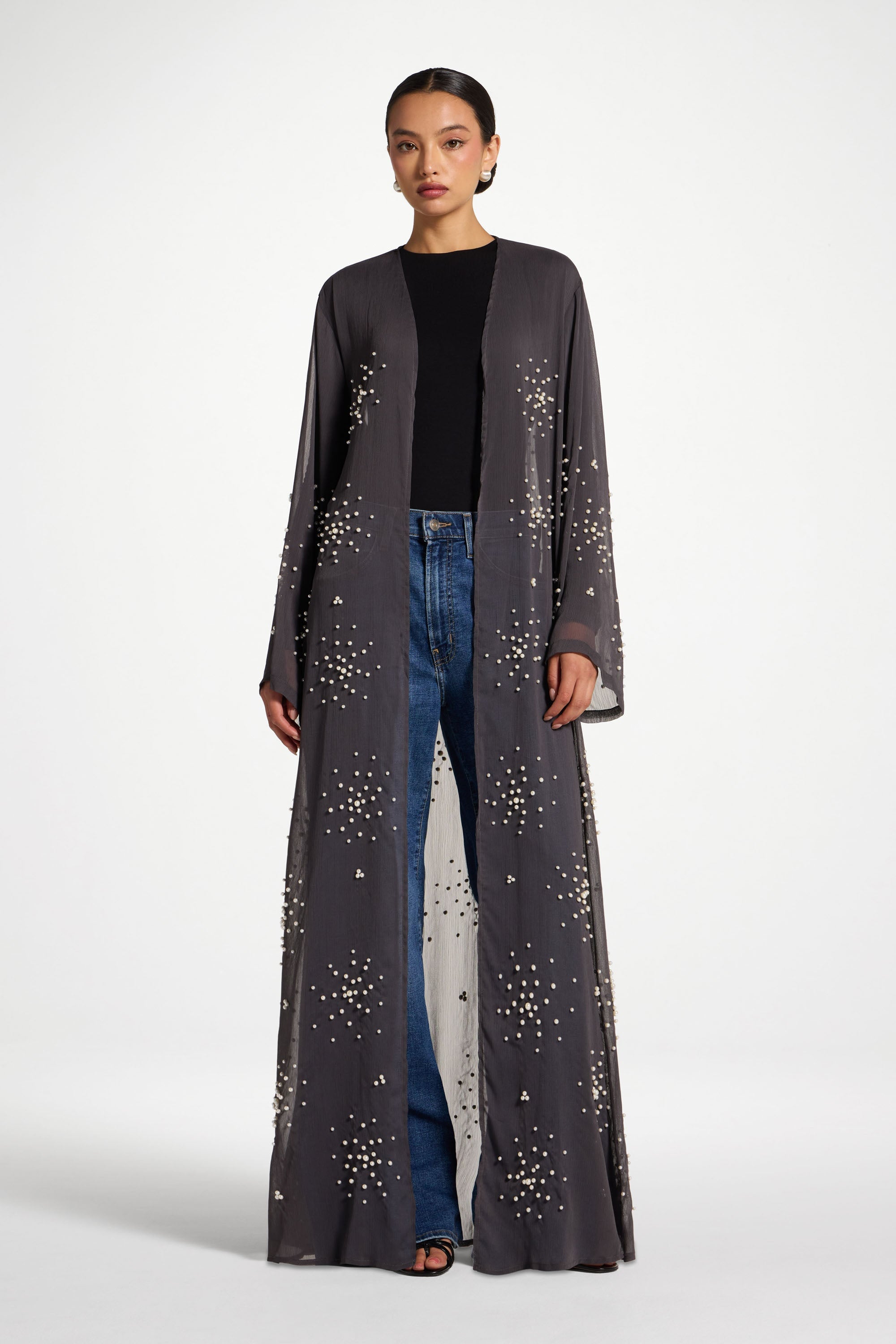 Pearl Embellished Open Abaya - Dark Grey Abayas Veiled