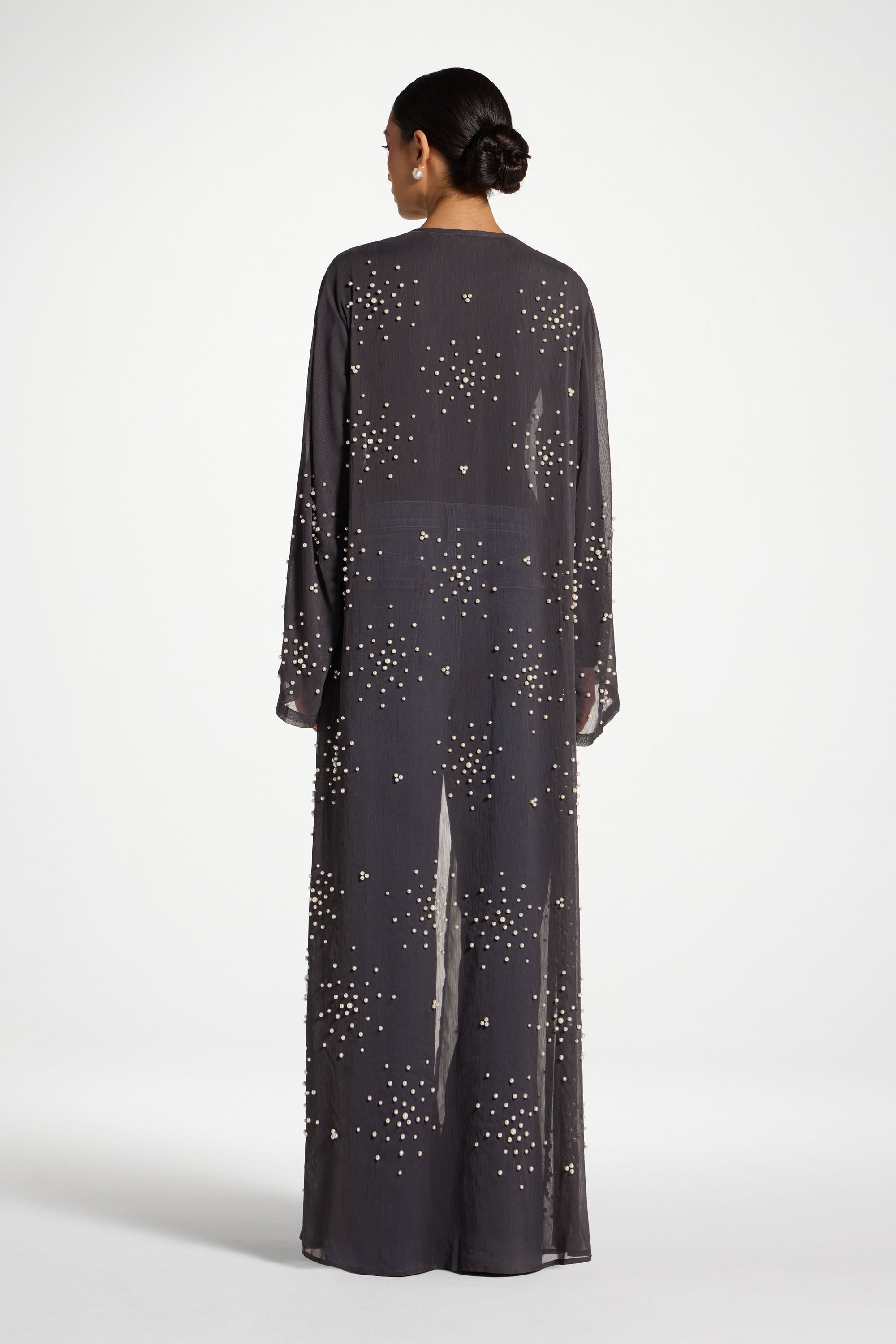 Pearl Embellished Open Abaya - Dark Grey Abayas Veiled