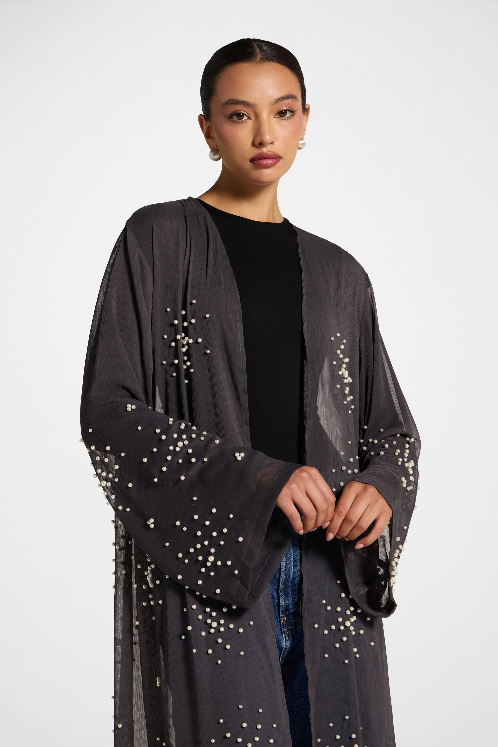 Pearl Embellished Open Abaya - Dark Grey Abayas Veiled
