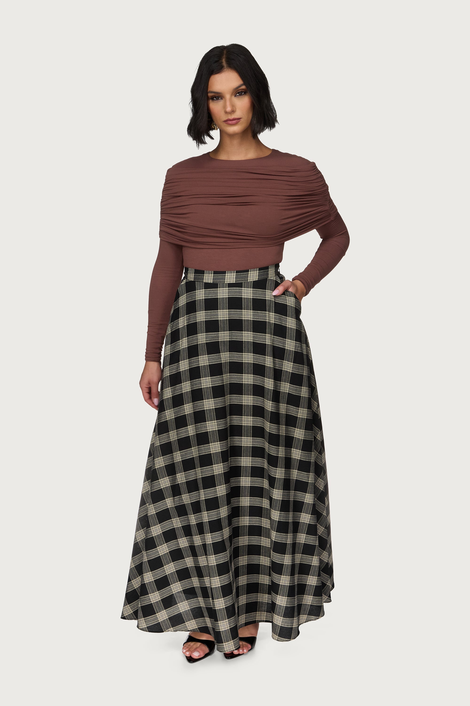 Plaid Cotton Flare Skirt - Black Abayas Veiled