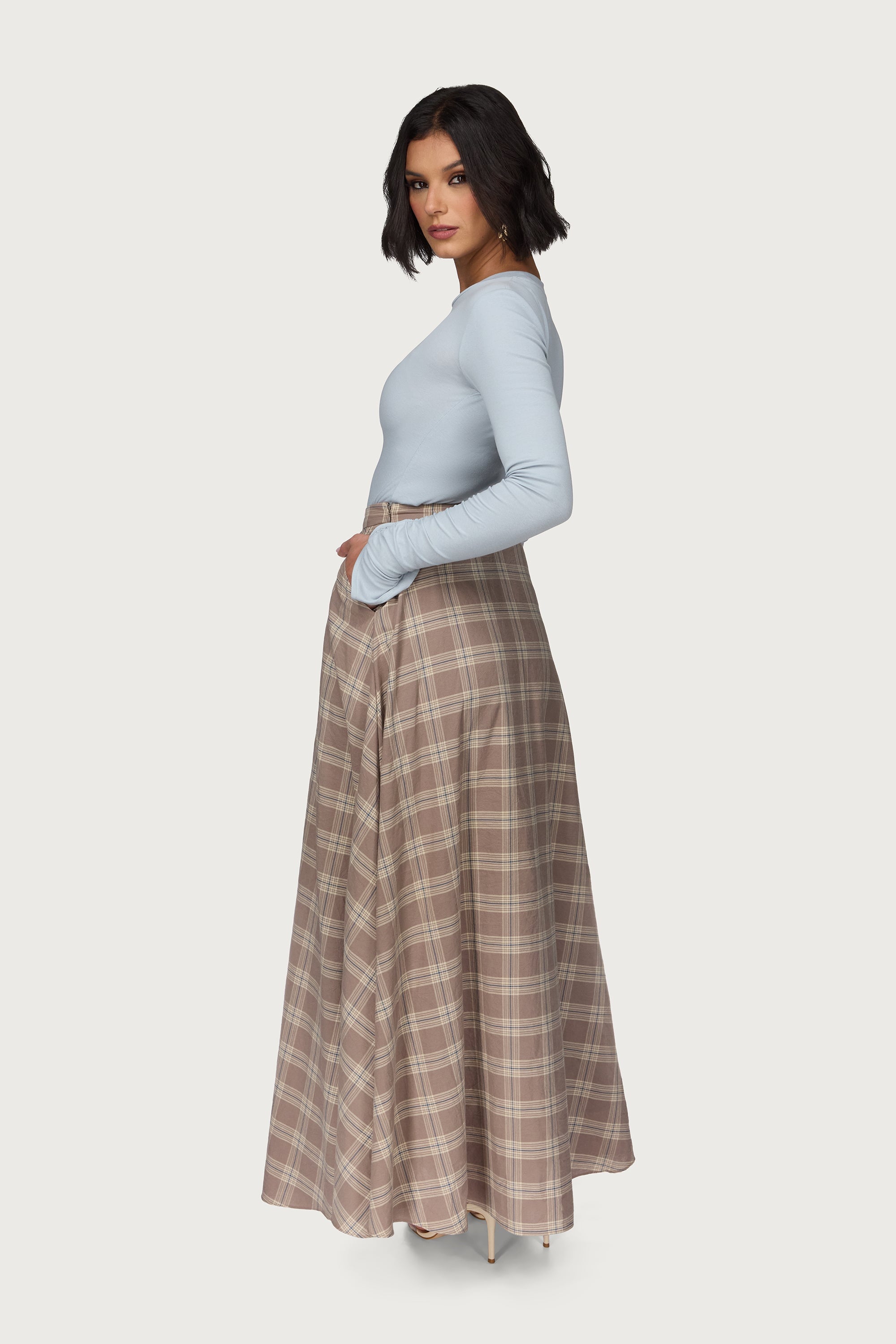 Plaid Cotton Flare Skirt - Light Brown Abayas Veiled