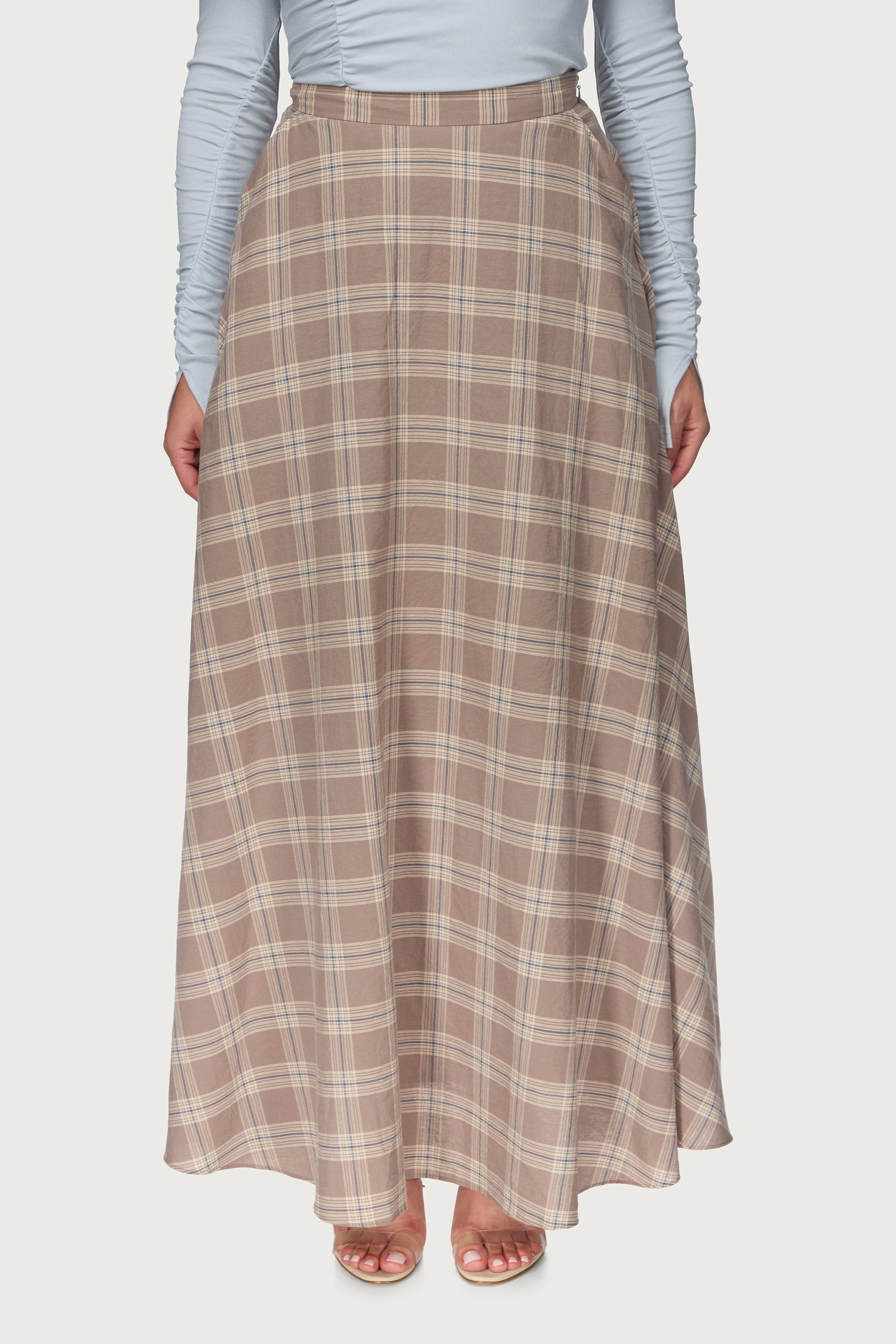 Plaid Cotton Flare Skirt - Light Brown Abayas Veiled