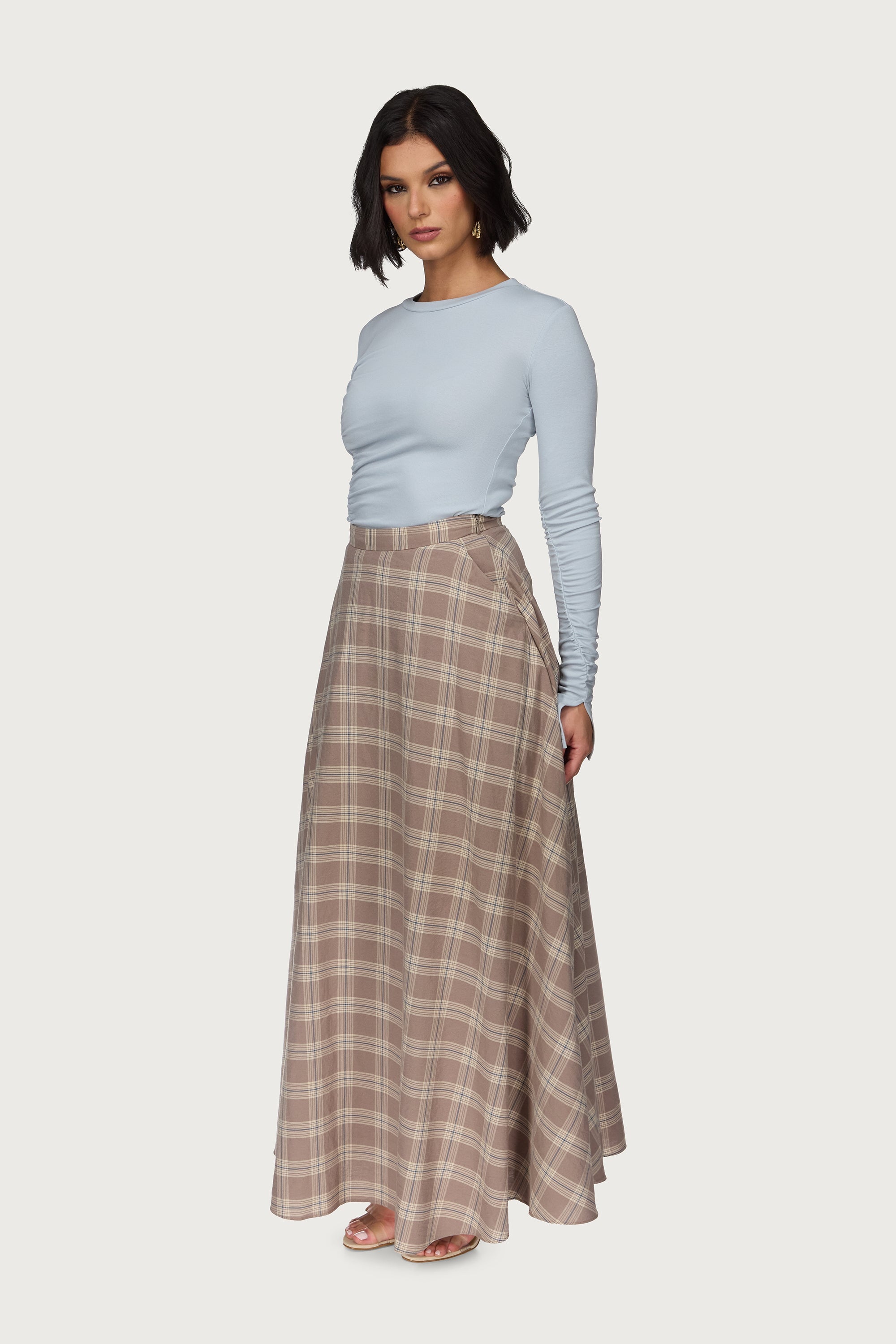 Plaid Cotton Flare Skirt - Light Brown Abayas Veiled