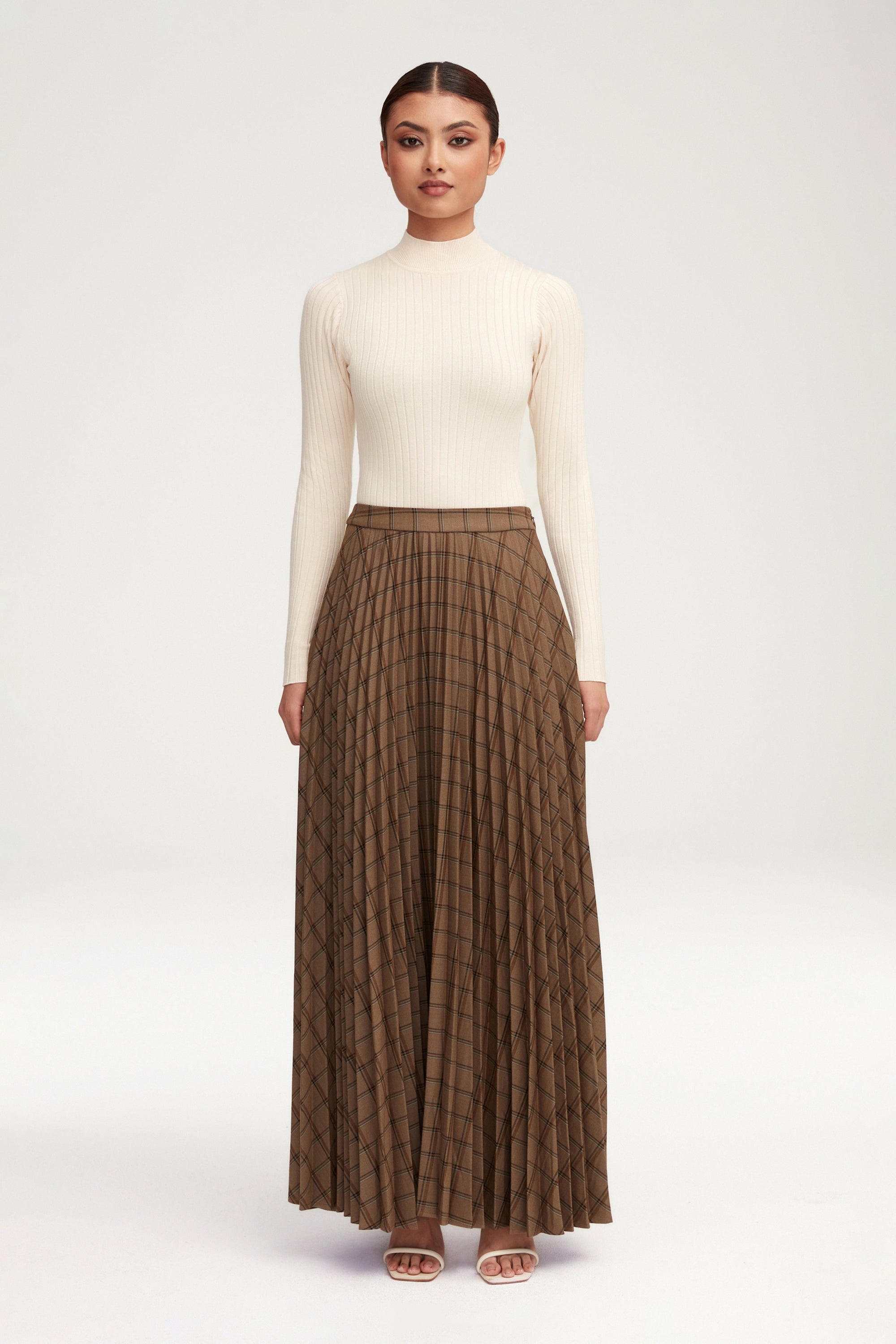 Pleated Plaid A Line Maxi Skirt - Brown Clothing epschoolboard 