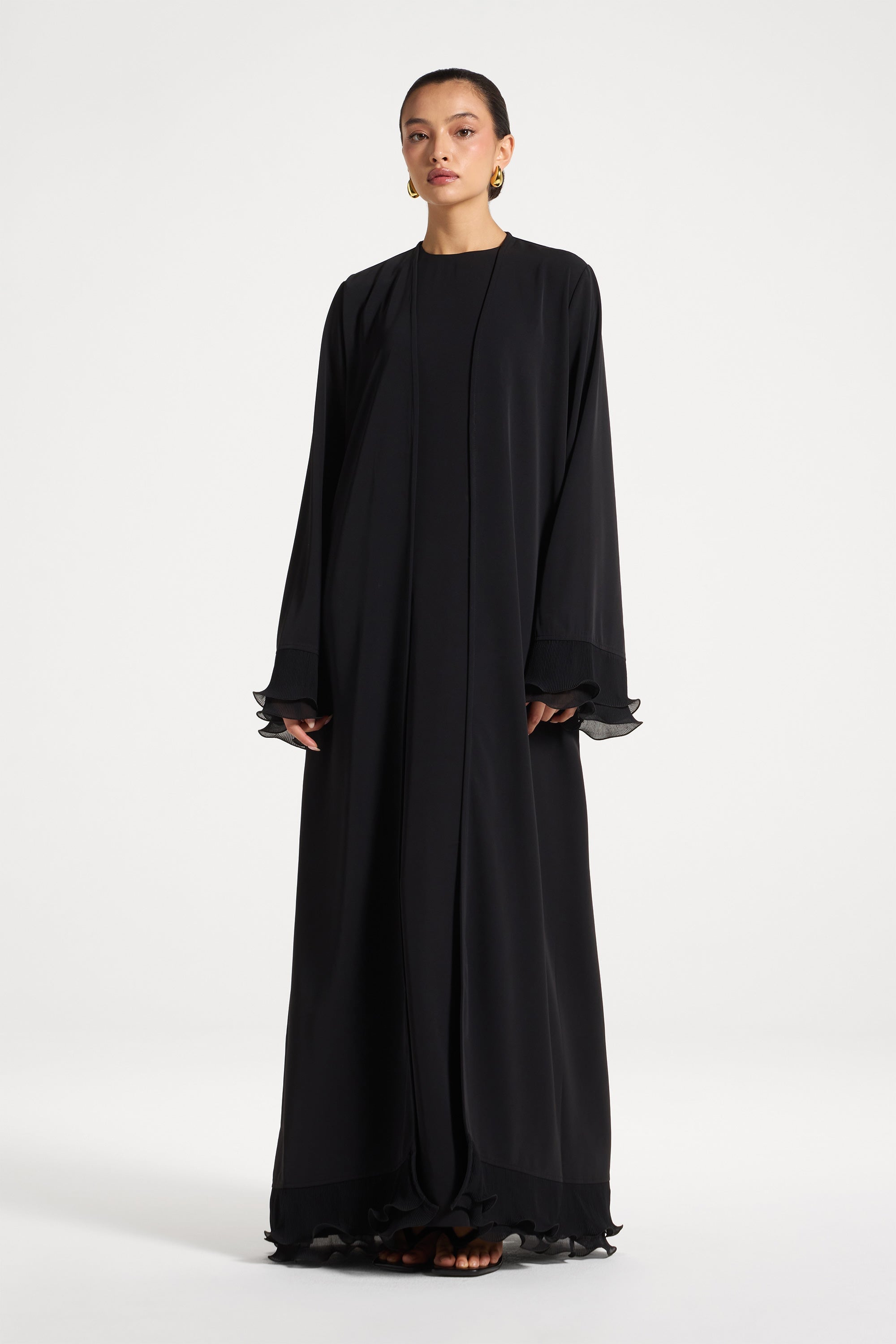 Pleated Sleeve Open Abaya - Black Abayas Veiled