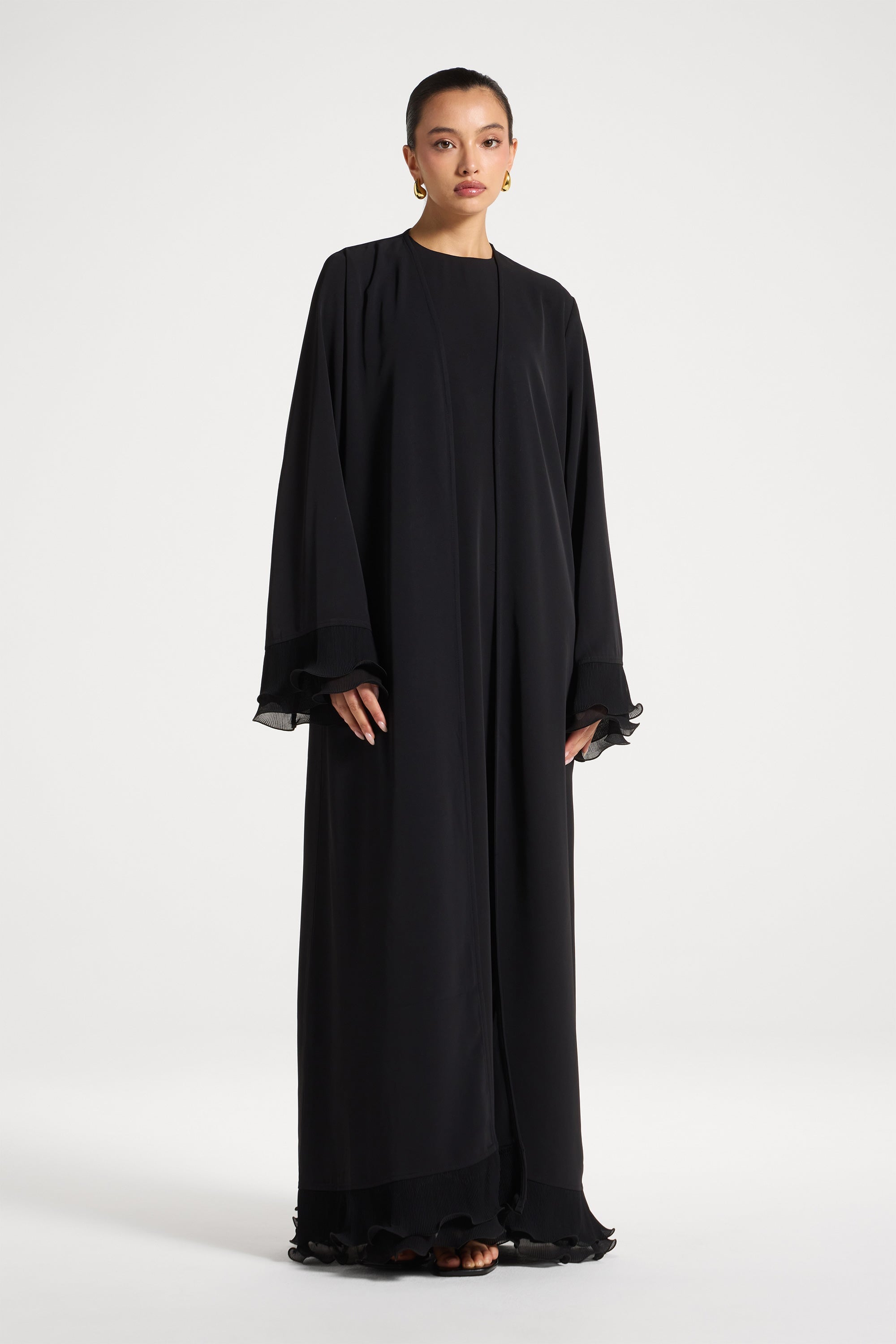 Pleated Sleeve Open Abaya - Black Abayas Veiled
