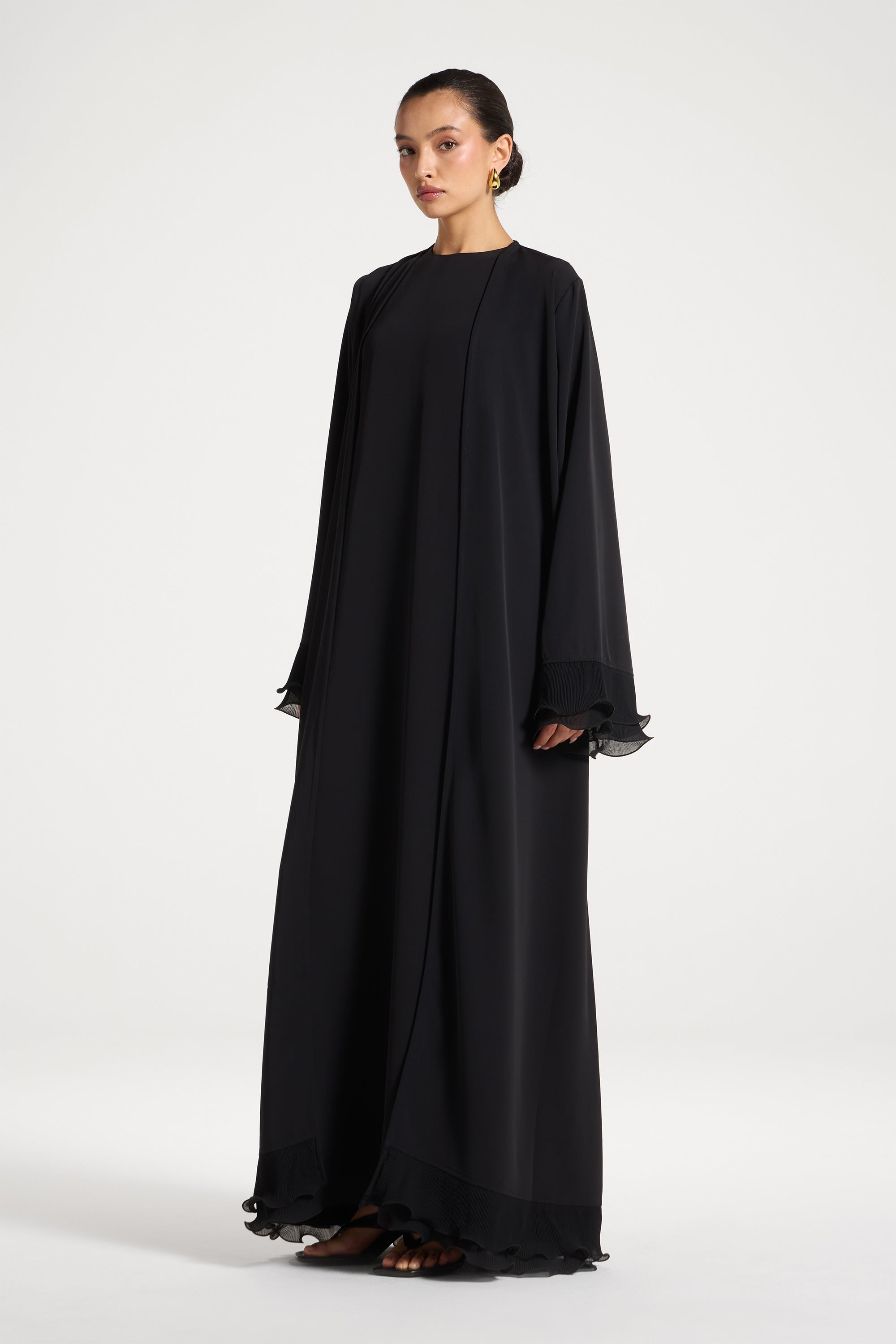 Pleated Sleeve Open Abaya - Black Abayas Veiled