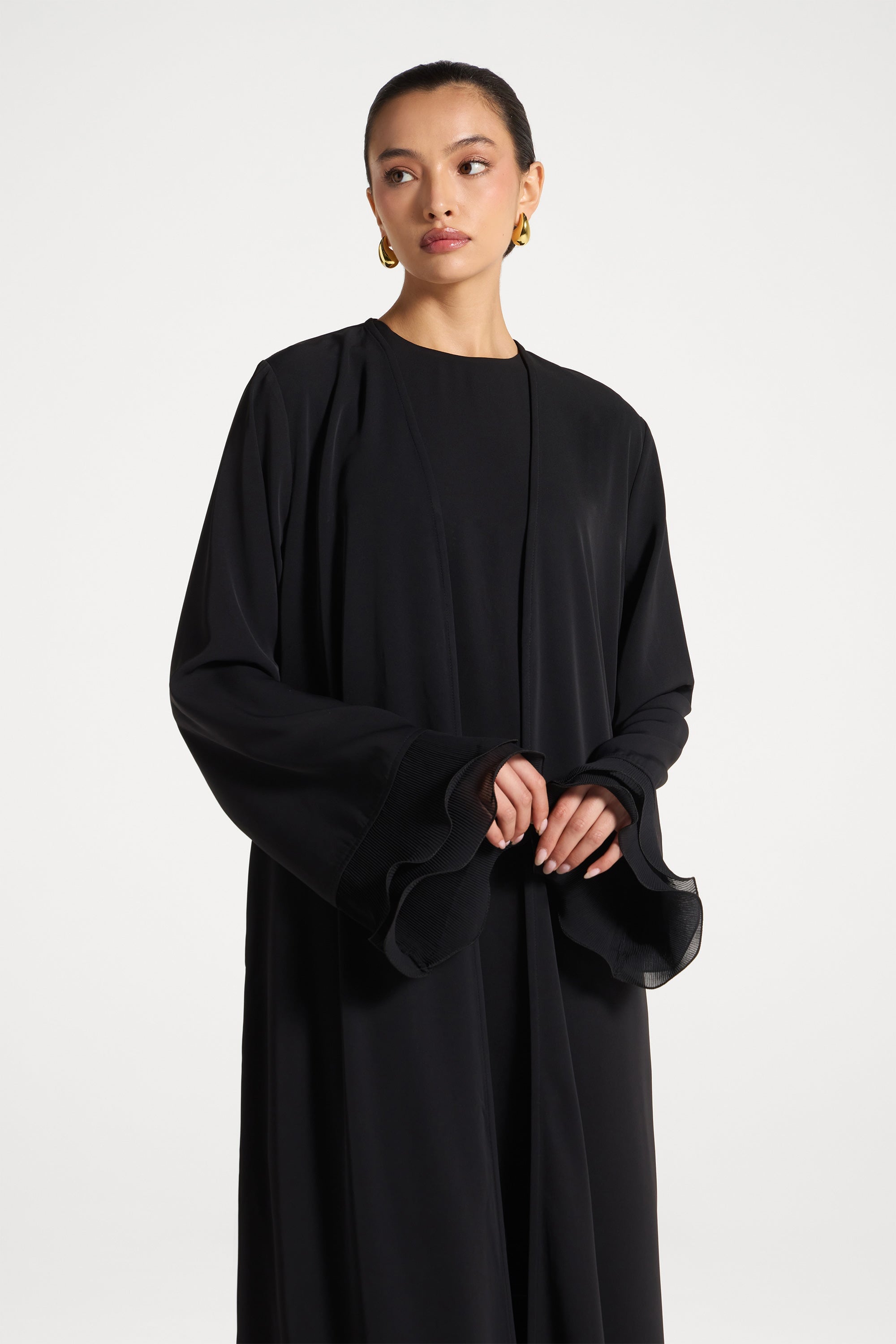 Pleated Sleeve Open Abaya - Black Abayas Veiled