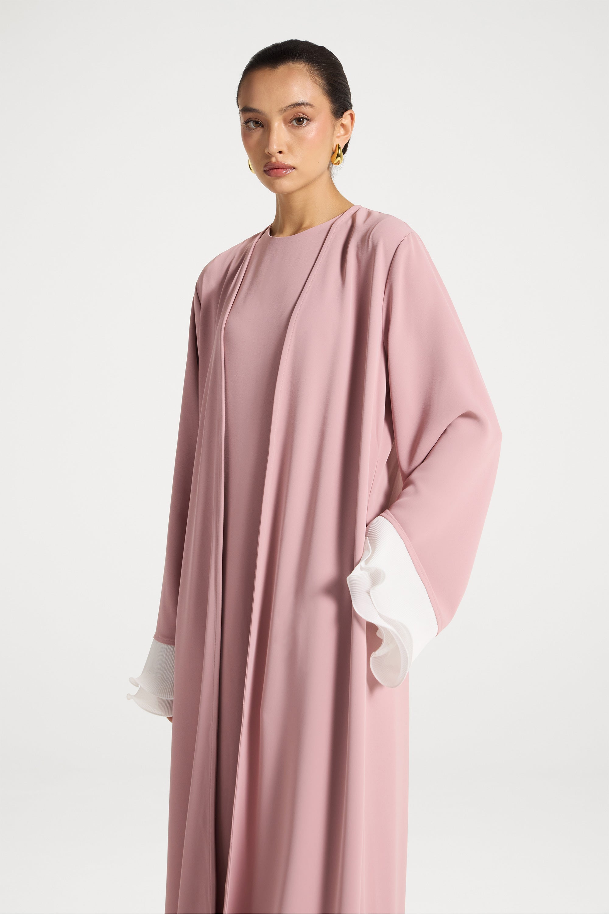 Pleated Sleeve Open Abaya - Pink Abayas Veiled