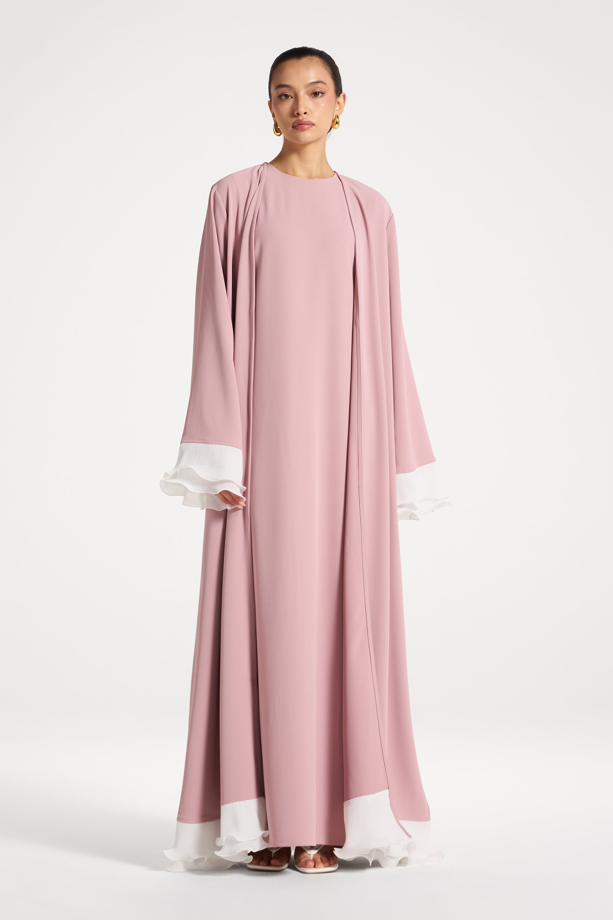 Pleated Sleeve Open Abaya - Pink Abayas Veiled