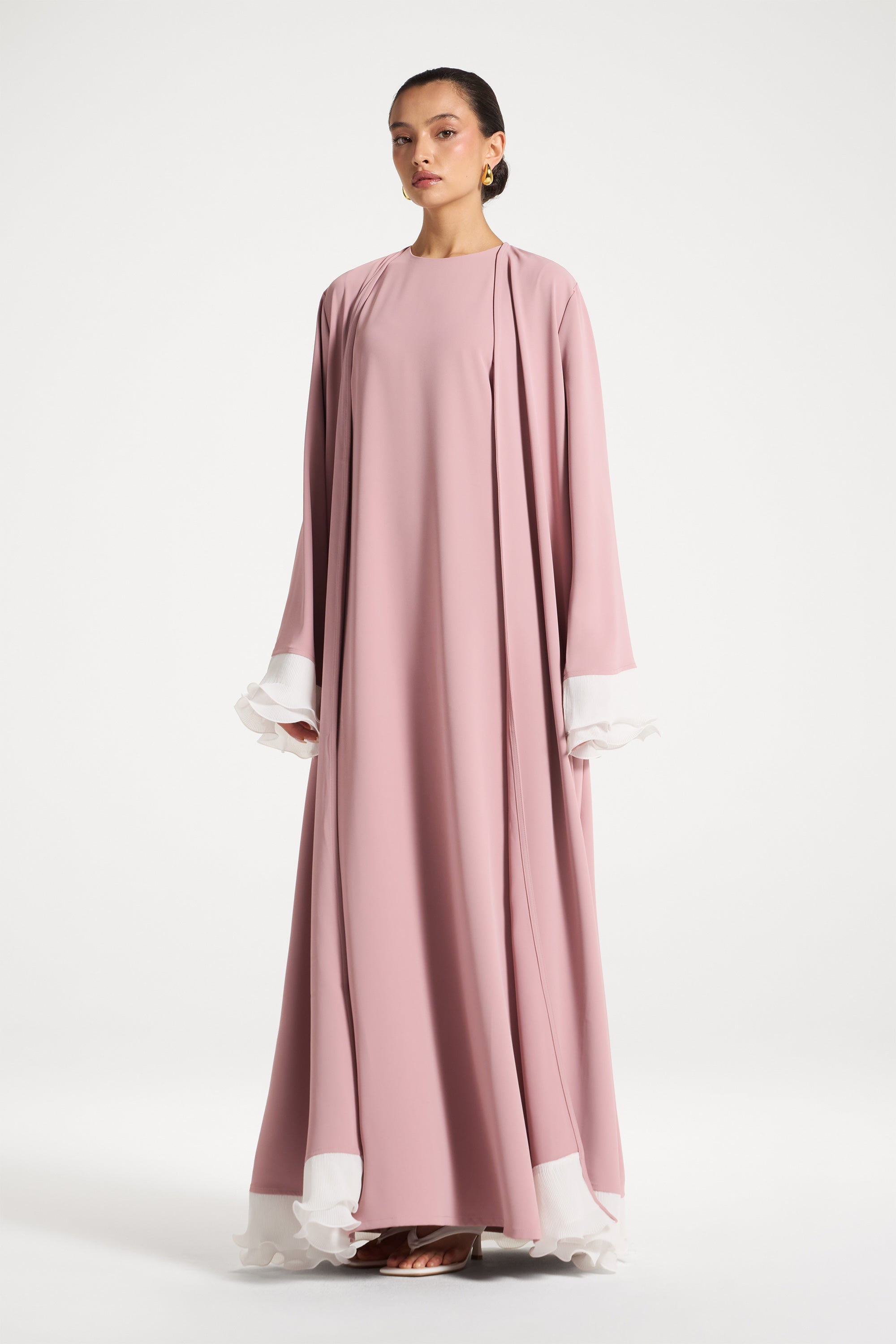 Pleated Sleeve Open Abaya - Pink Abayas Veiled