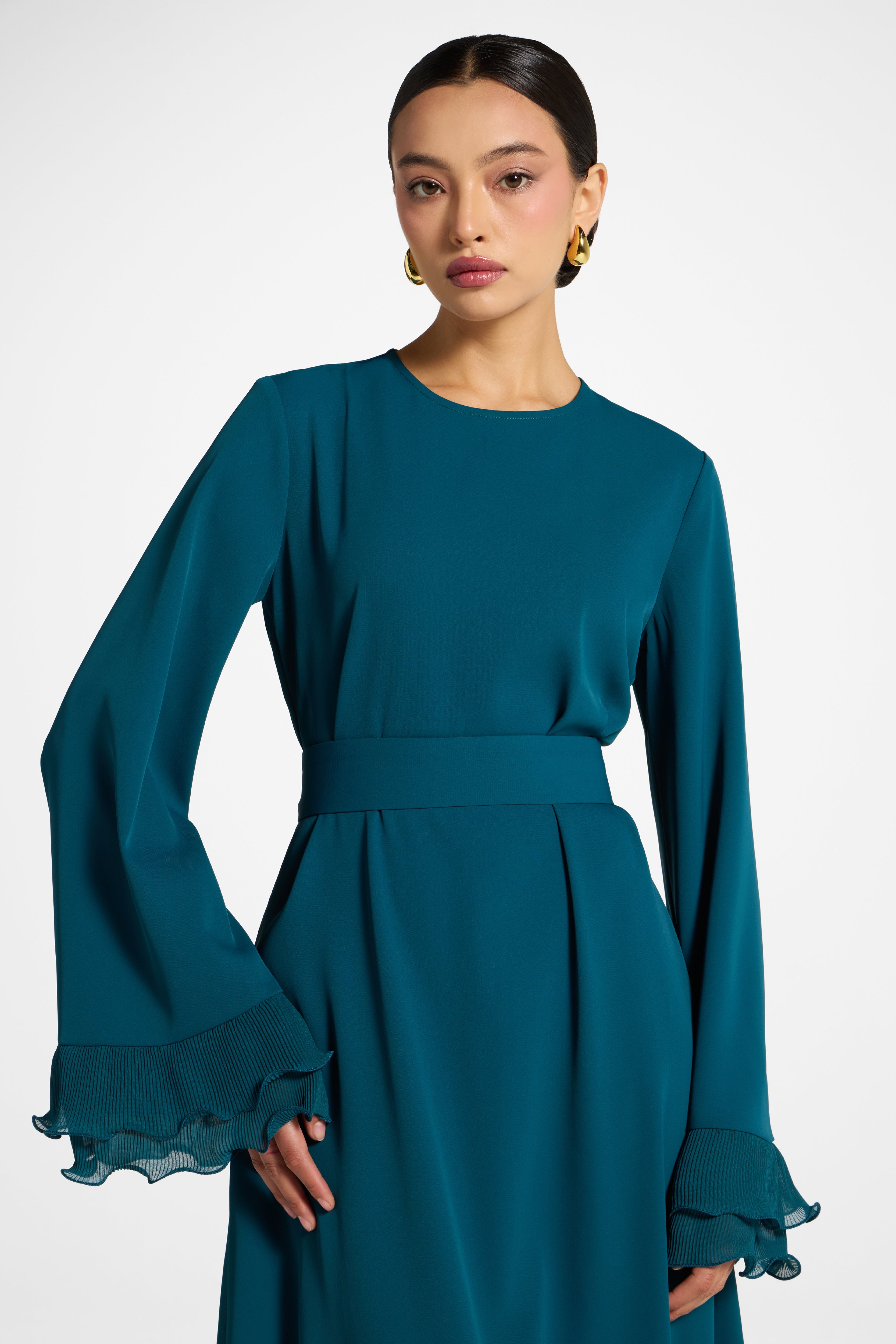 Plisse Sleeve Maxi Dress - Deep Sea Abayas Veiled