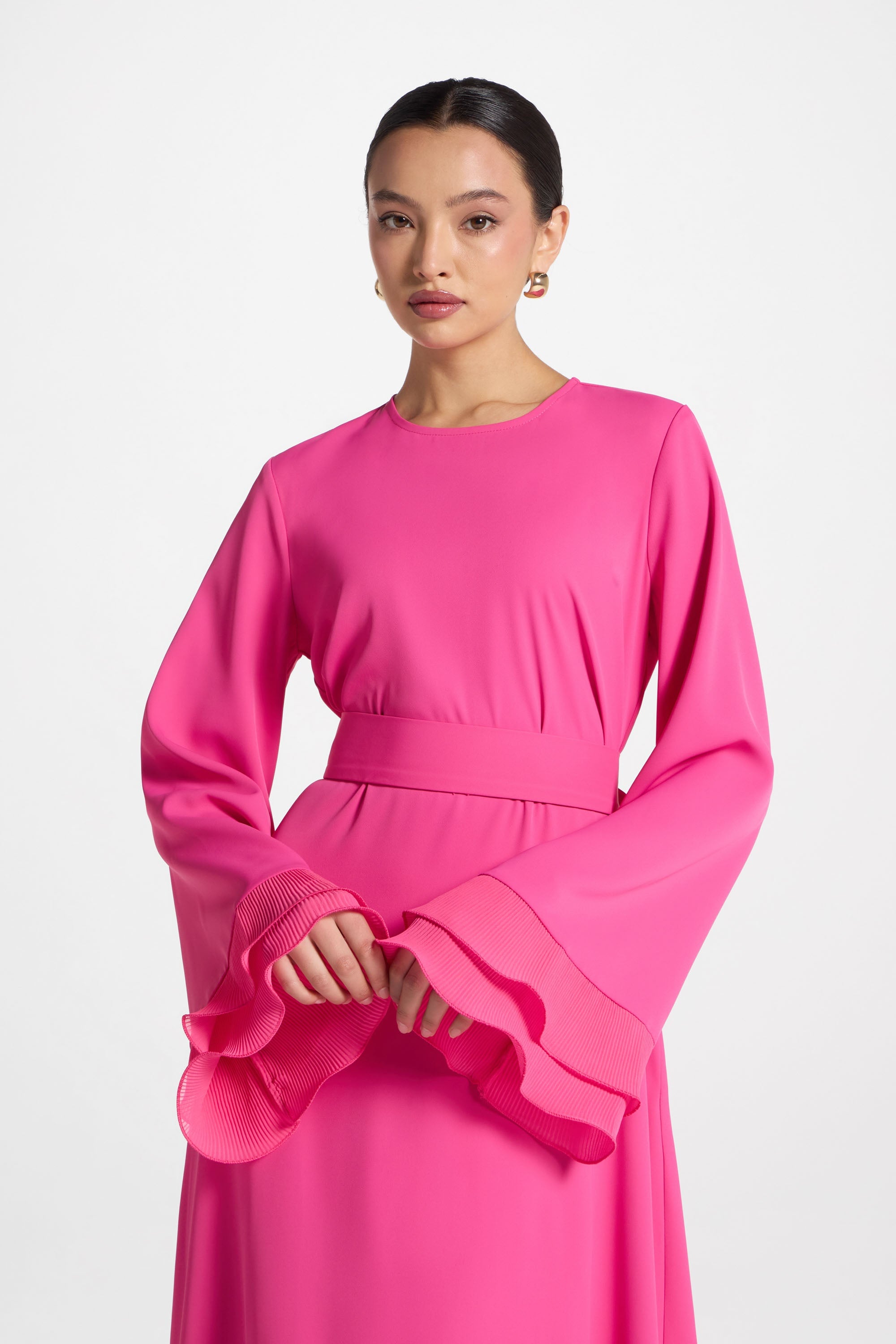 Plisse Sleeve Maxi Dress - Pink Abayas Veiled