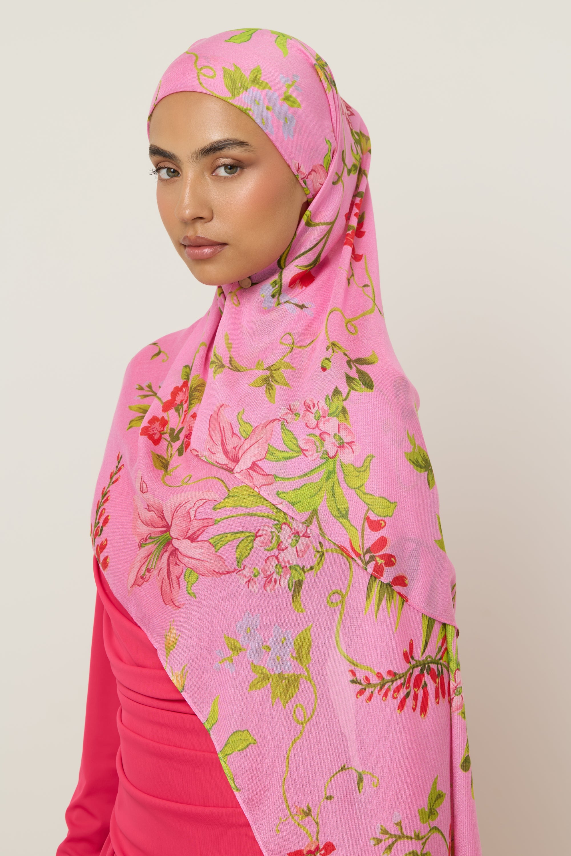 Printed Modal Hijab - Pink Floral Hijab Veiled
