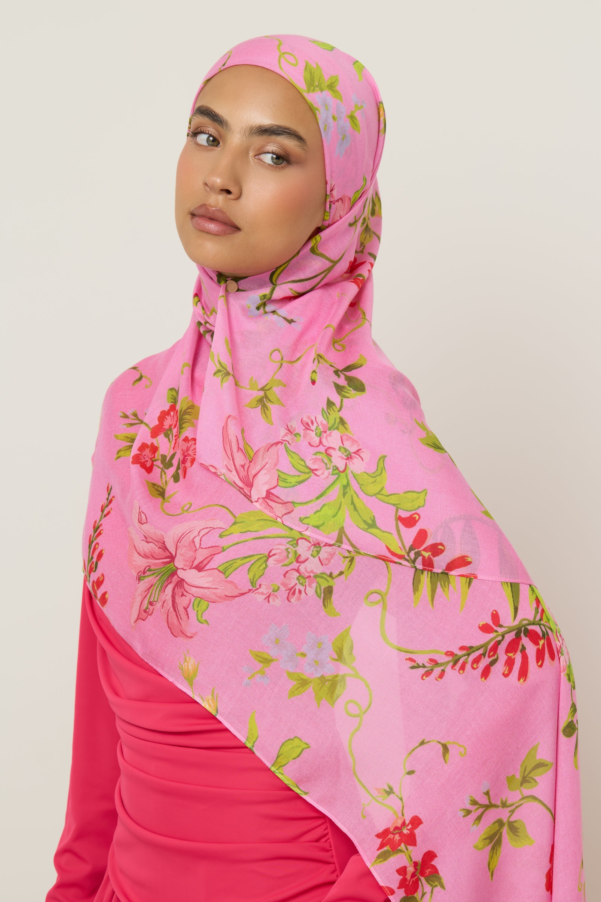 Printed Modal Hijab - Pink Floral Hijab Veiled