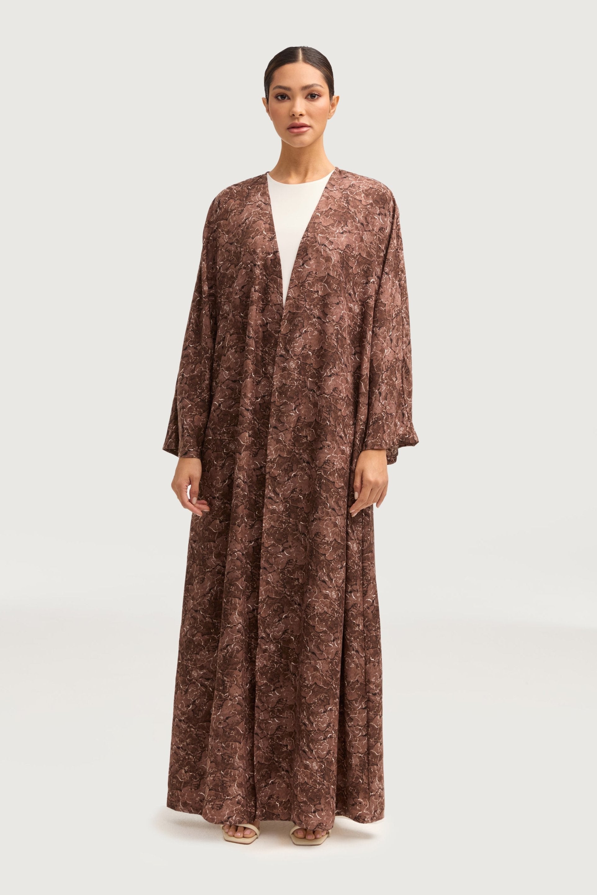 Printed Open Abaya - Brown Abayas Veiled