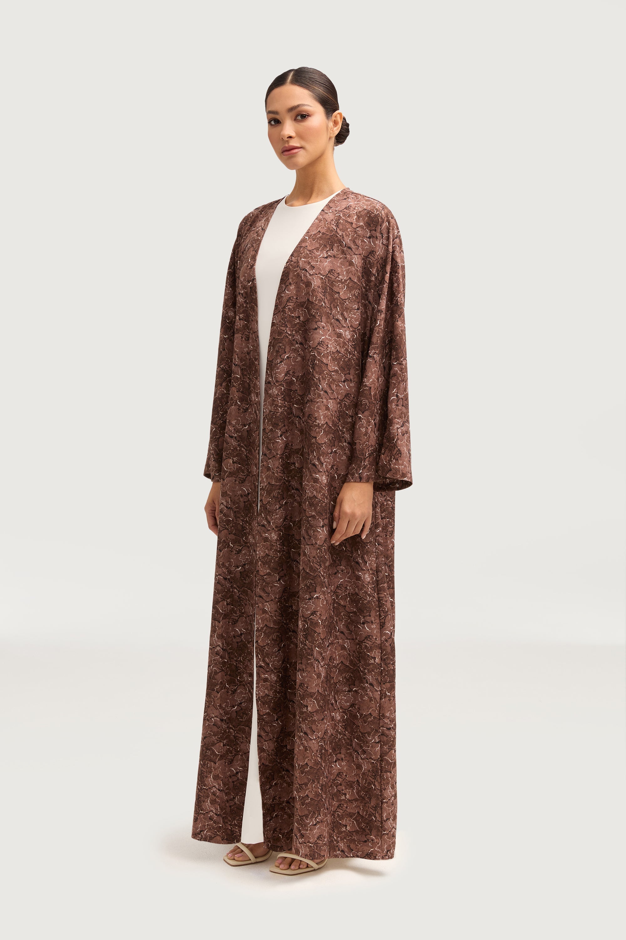 Printed Open Abaya - Brown Abayas Veiled