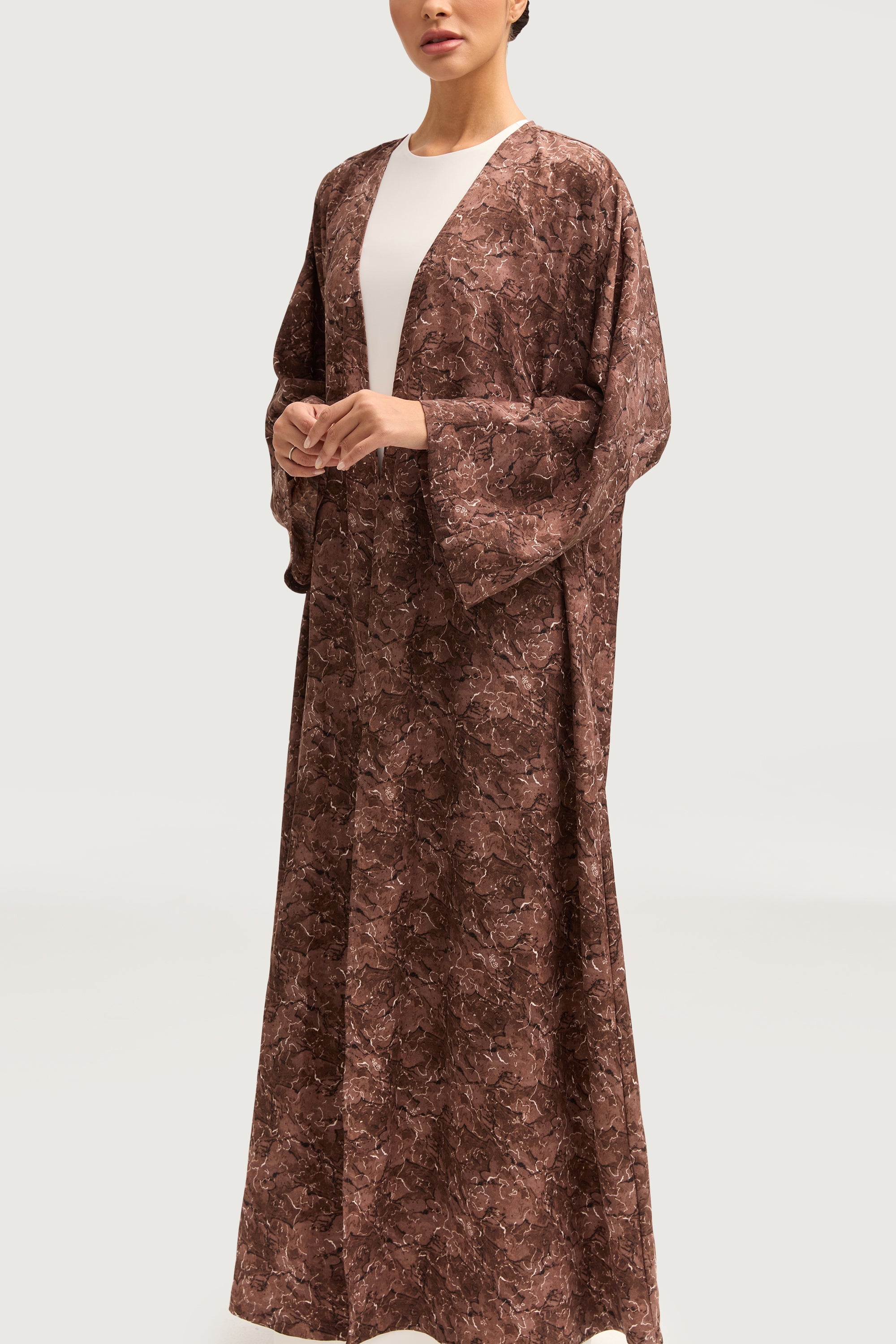 Printed Open Abaya - Brown Abayas Veiled