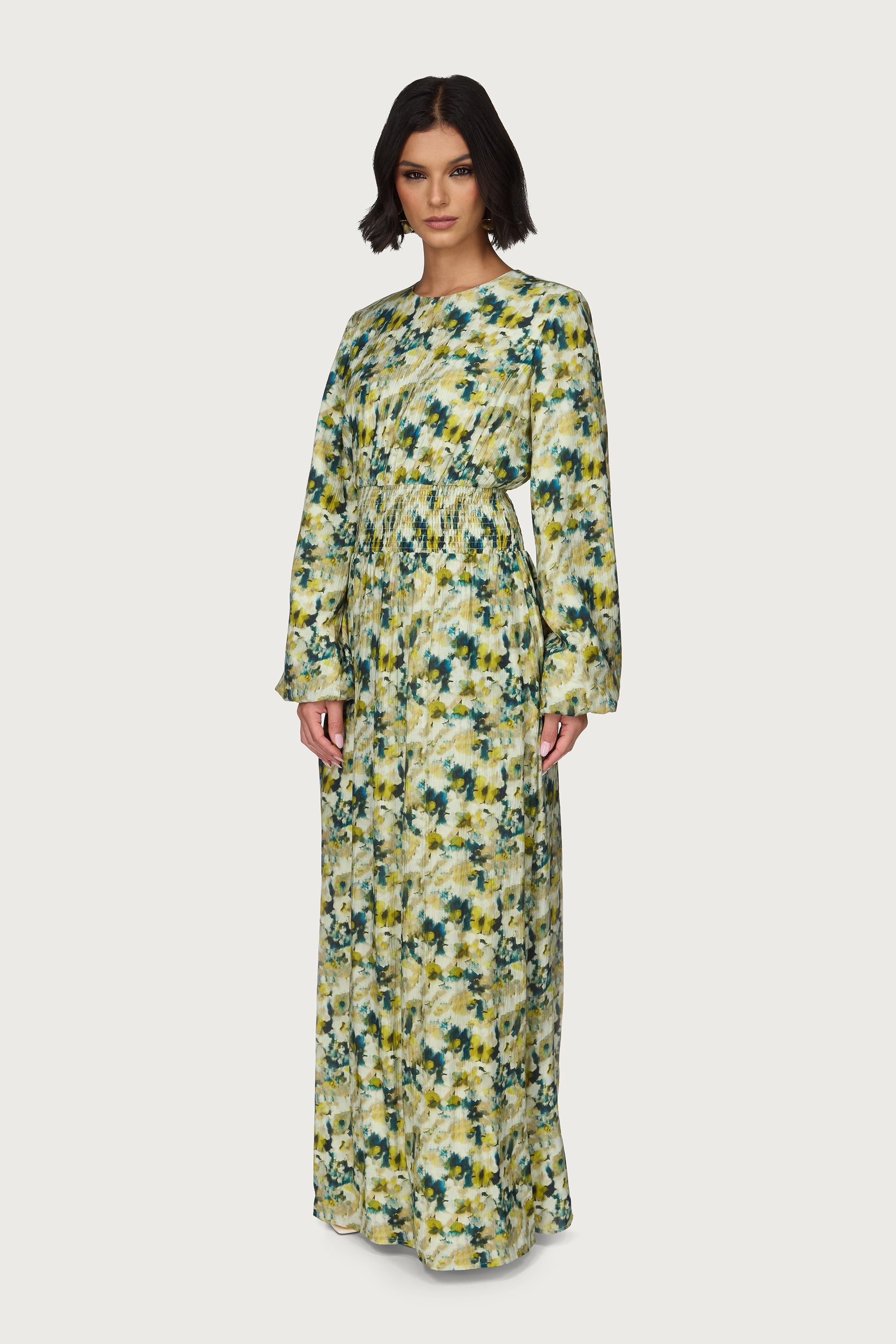 Printed Smocked Waist Dress Abayas Veiled