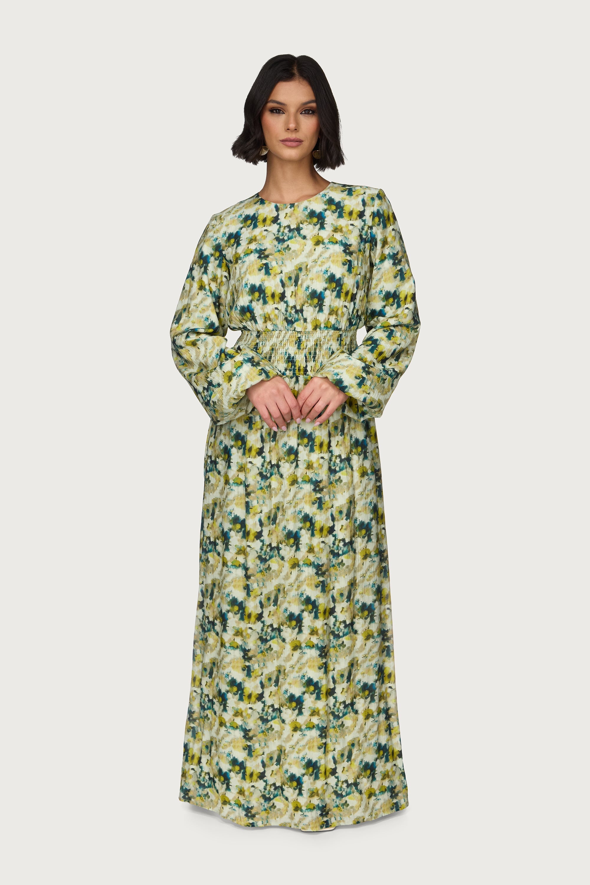Printed Smocked Waist Dress Abayas Veiled